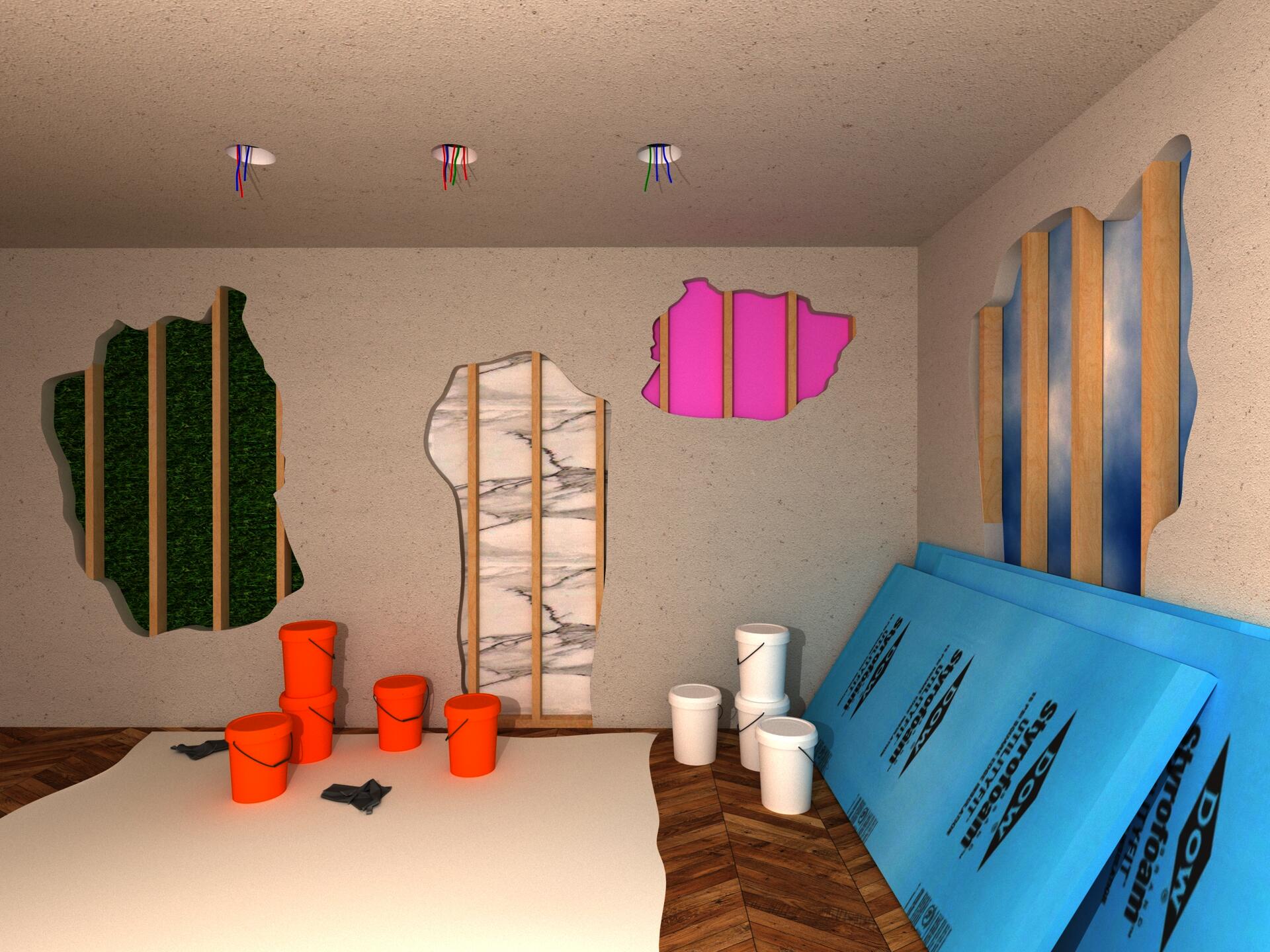 A scene of a room under construction with illogical materials within the walls.