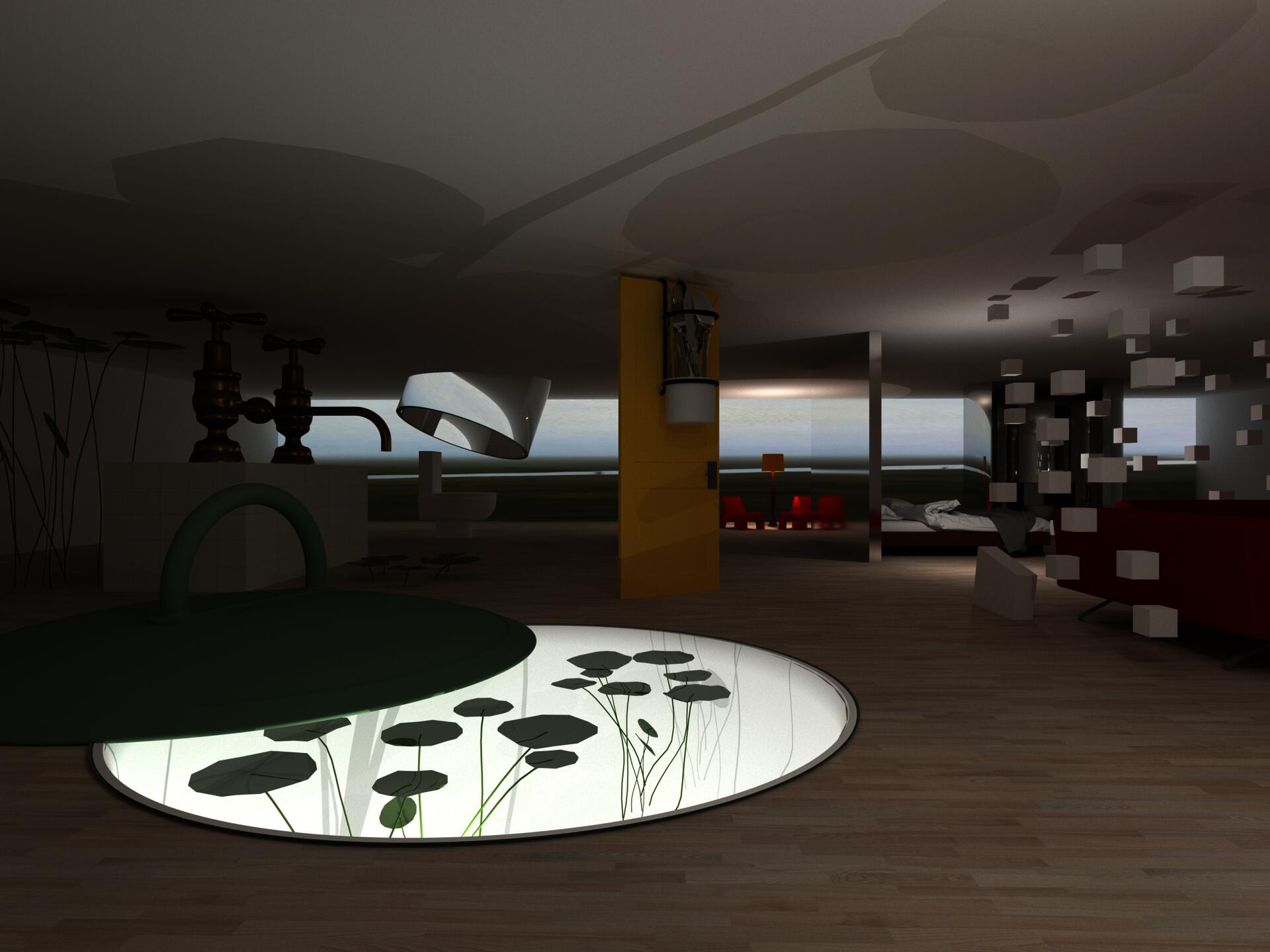 A rendering of a house in Surrealist style.