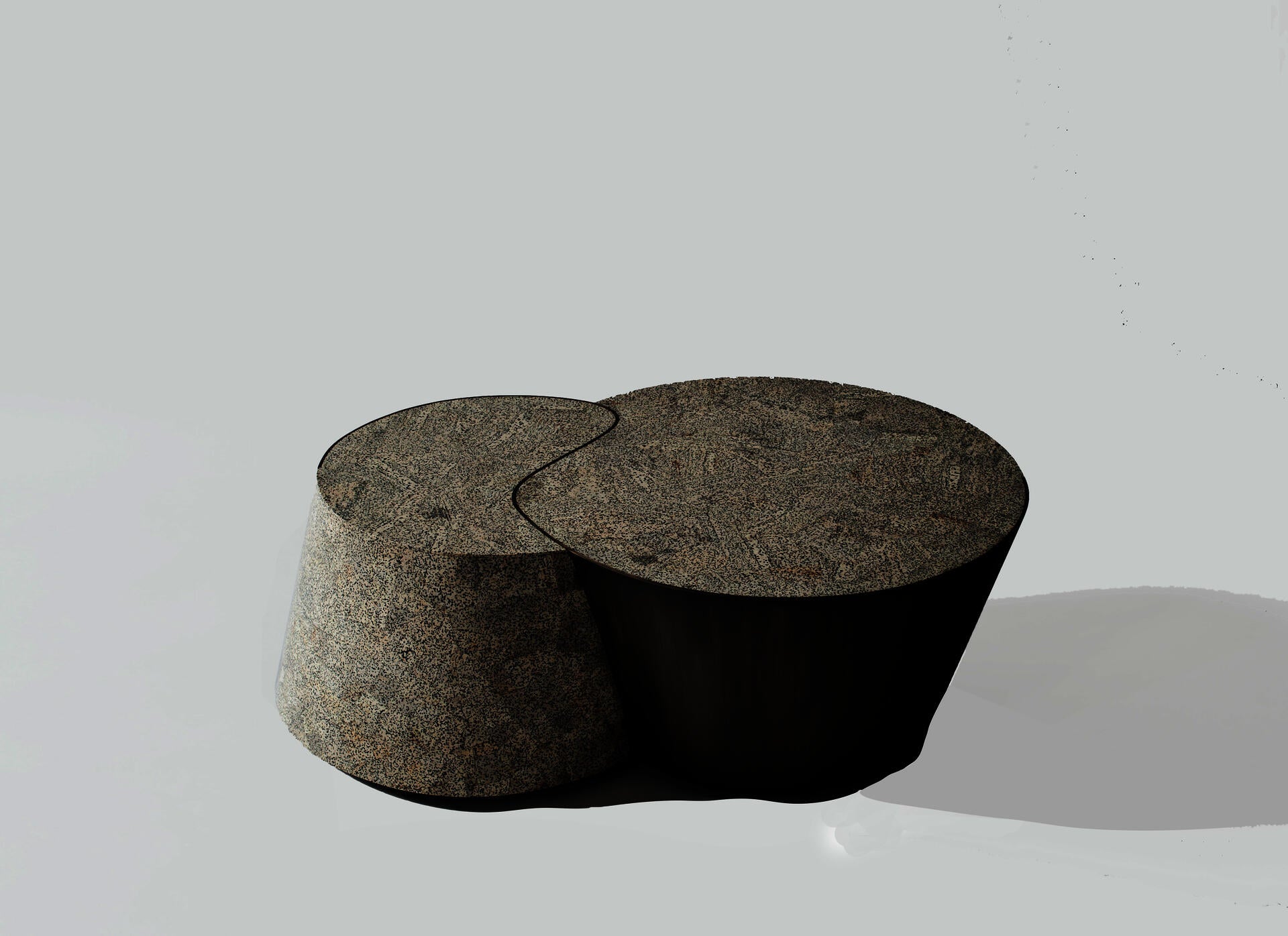 The Swan coffee table is composed of two curvilinear stone segments with an elegant length of solid antique bronze interwoven between them.