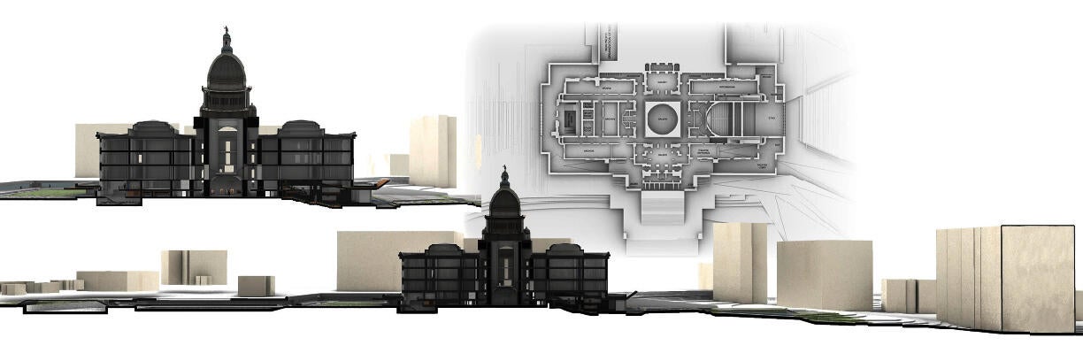 Sections of the building and programmatic plans show in different colors the distribution of areas in the building.