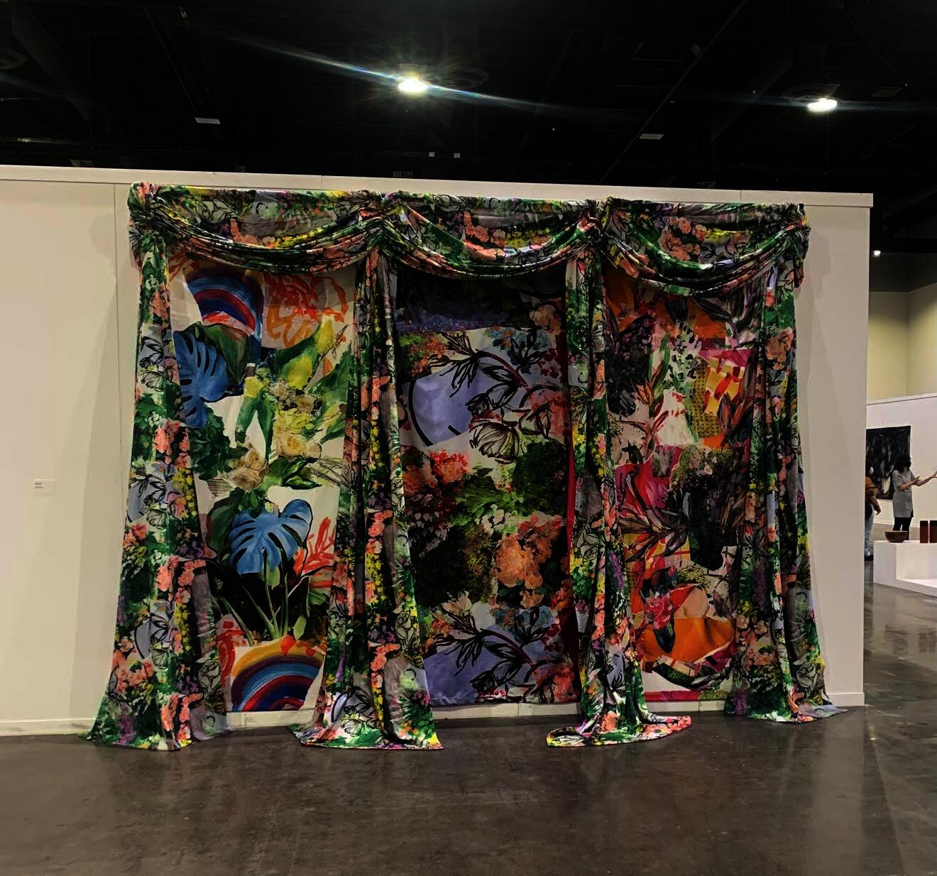 The visual is an image of three large-scale monoprints that consist of a variety of mixed media layering processes. Consisting of bright gestural marks, collage of nature and interpretation of the everyday.
