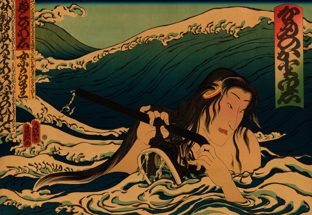 Japanese-style print, showing a figure with head and arms floating amidst a rolling waves. The figure holds a snorkle and goggles.