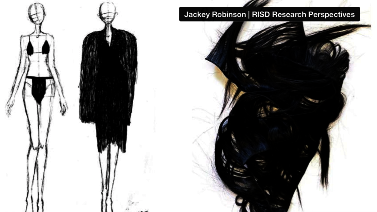 Black and white fashion illustration showing a female form in a bikini and a female form in a knee-length fringey jacket next to a pile of false black straight hair