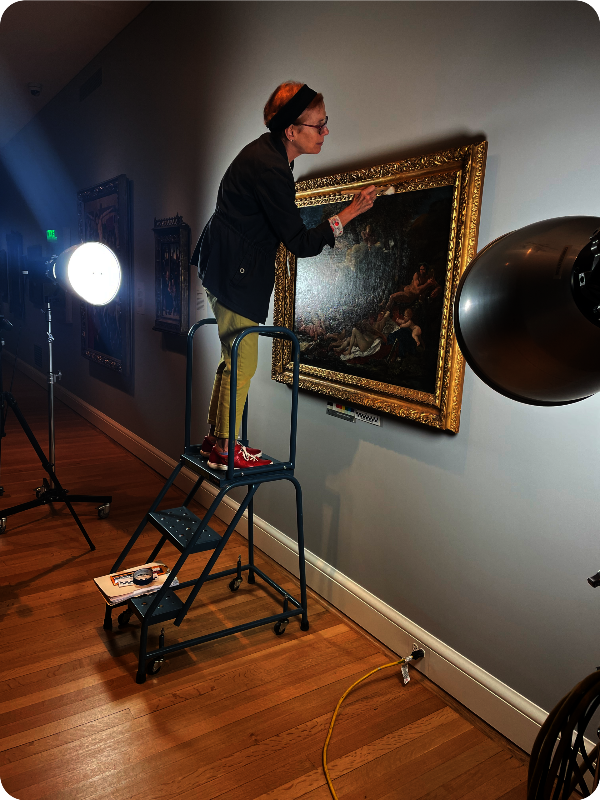 Person standing on the ladder holding a paintbrush to a painting’s ornate golden frame. The painting is hung on a gray wall and a bright lamp shines onto the painting.