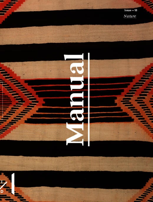 Cover of Manual Issue 18 with a black, tan and orange striped textile behind the word 'Manual'.