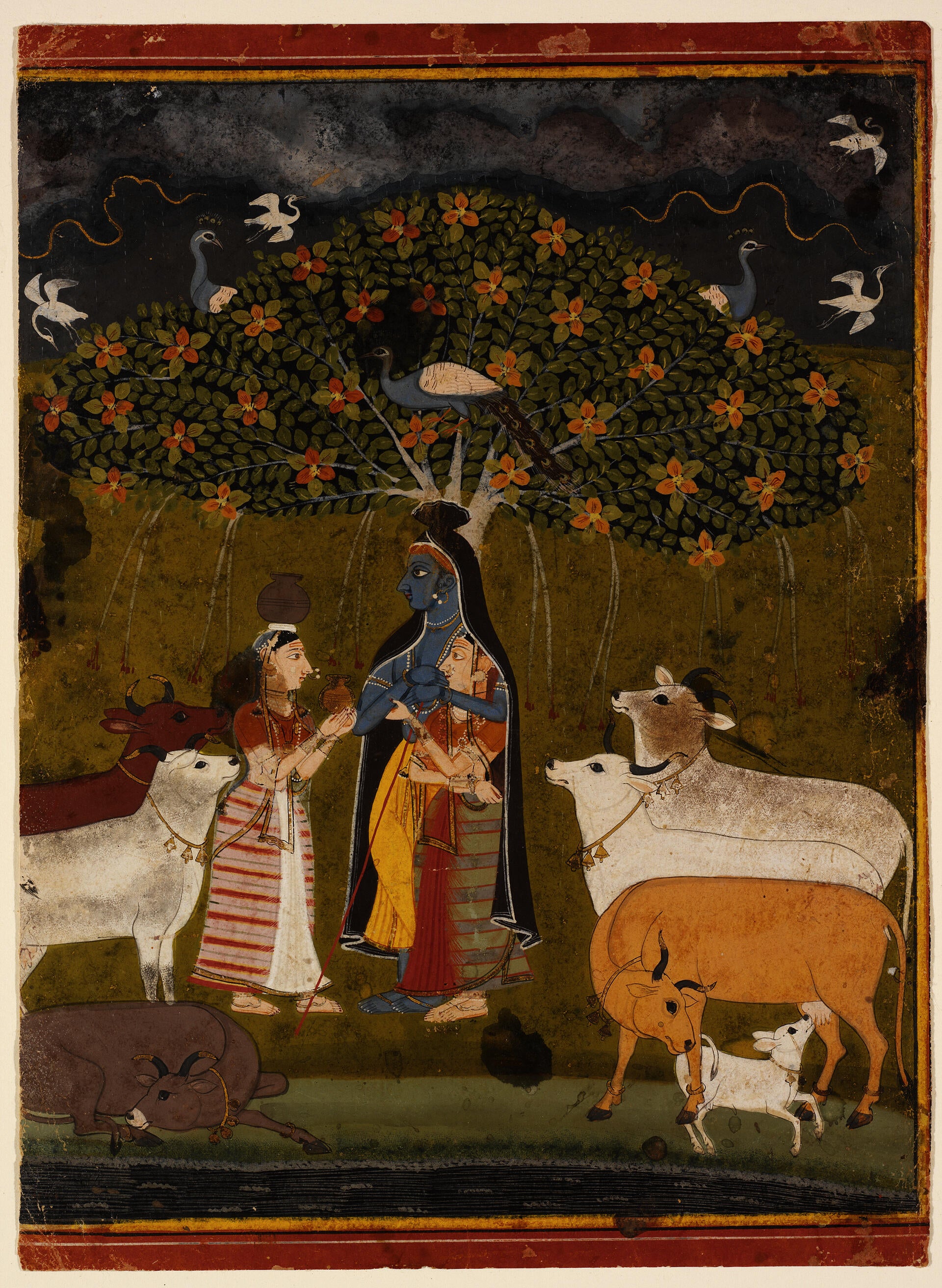 Painting of a blue robed figure facing a small robed figure. They are surrounded by cows of various colors and grass. Behind them is a tree with orange flowers and blue birds surrounding the leaves.