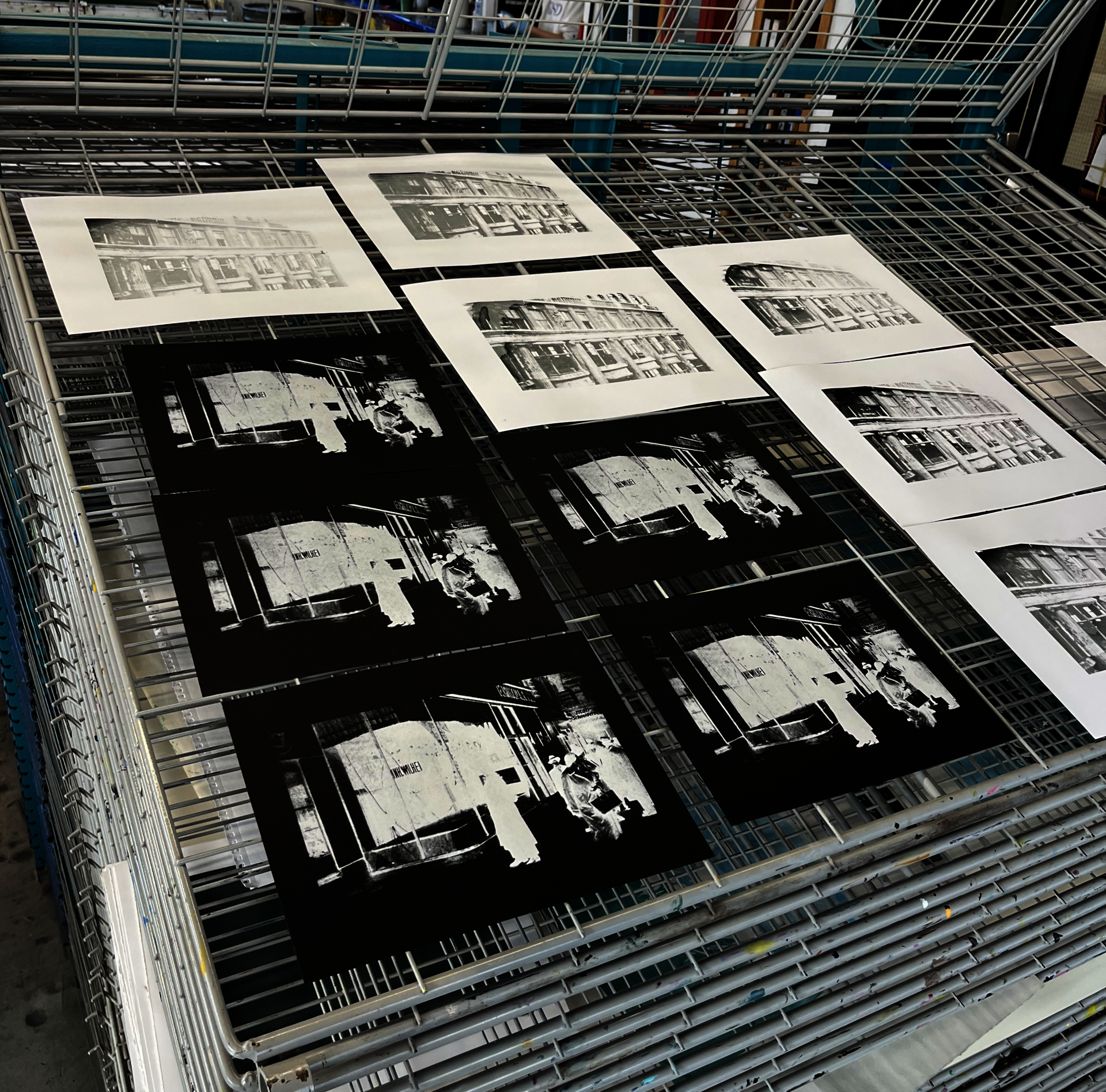 Screen prints of scenes from Kristallnacht