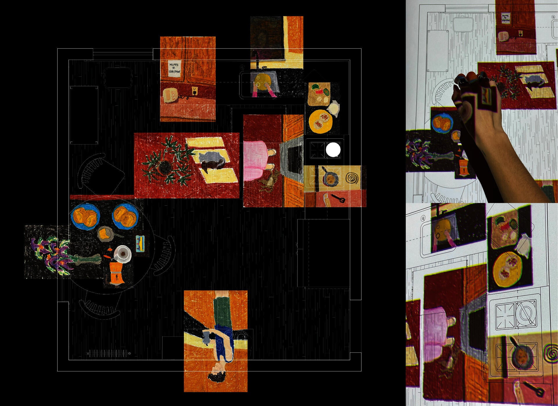 Vignettes of memories from my home in San Antonio mapped onto a floorplan of my kitchen in Providence, showing my mental navigation in between my current physical space and my lived experiences.