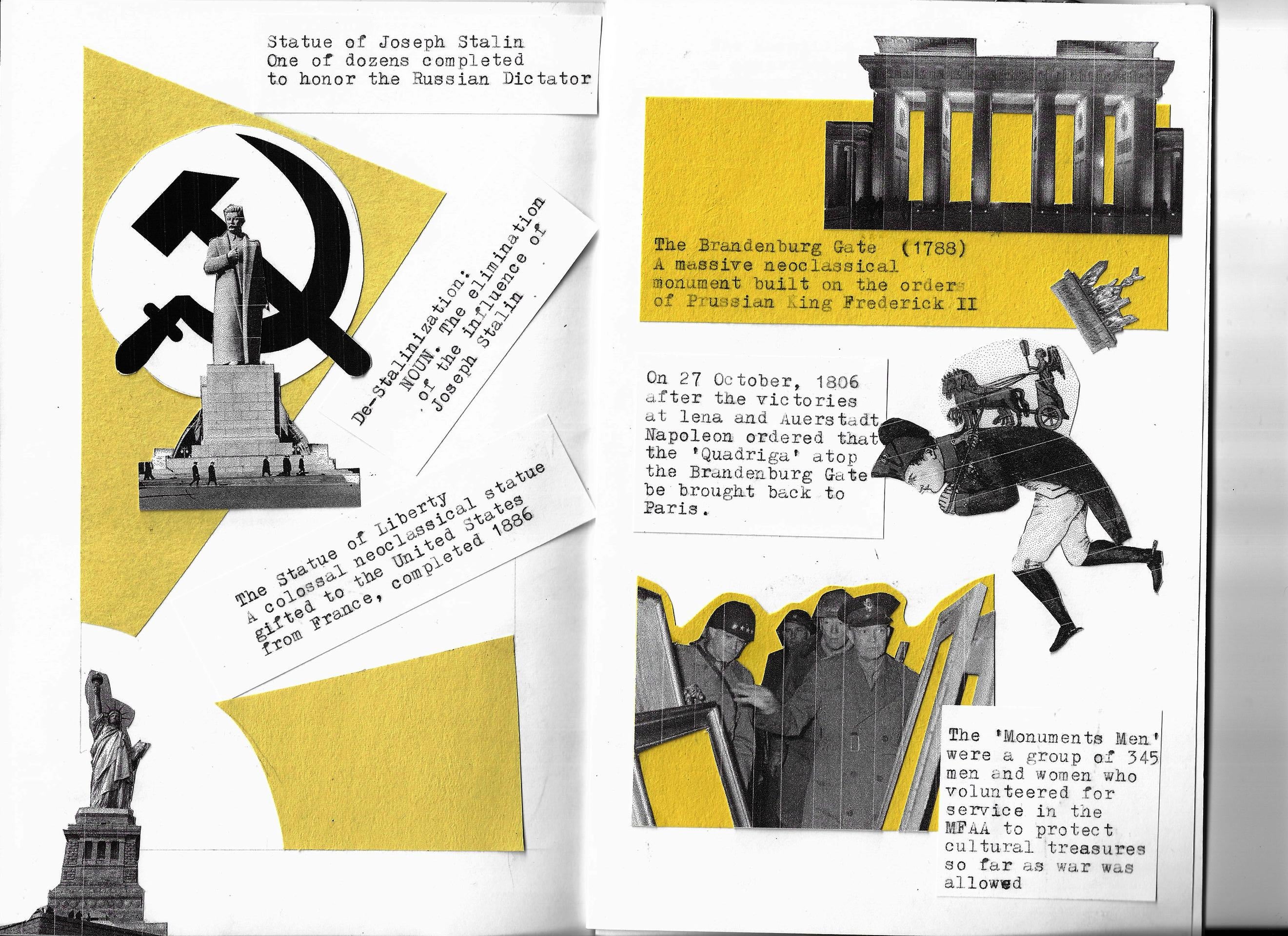 Spread #3 of "Monuments", a multimedia zine that collects and organizes research on monuments, their defining features, their uses, various rituals and traditions tied to their commemoration, appropriation, and desecration.