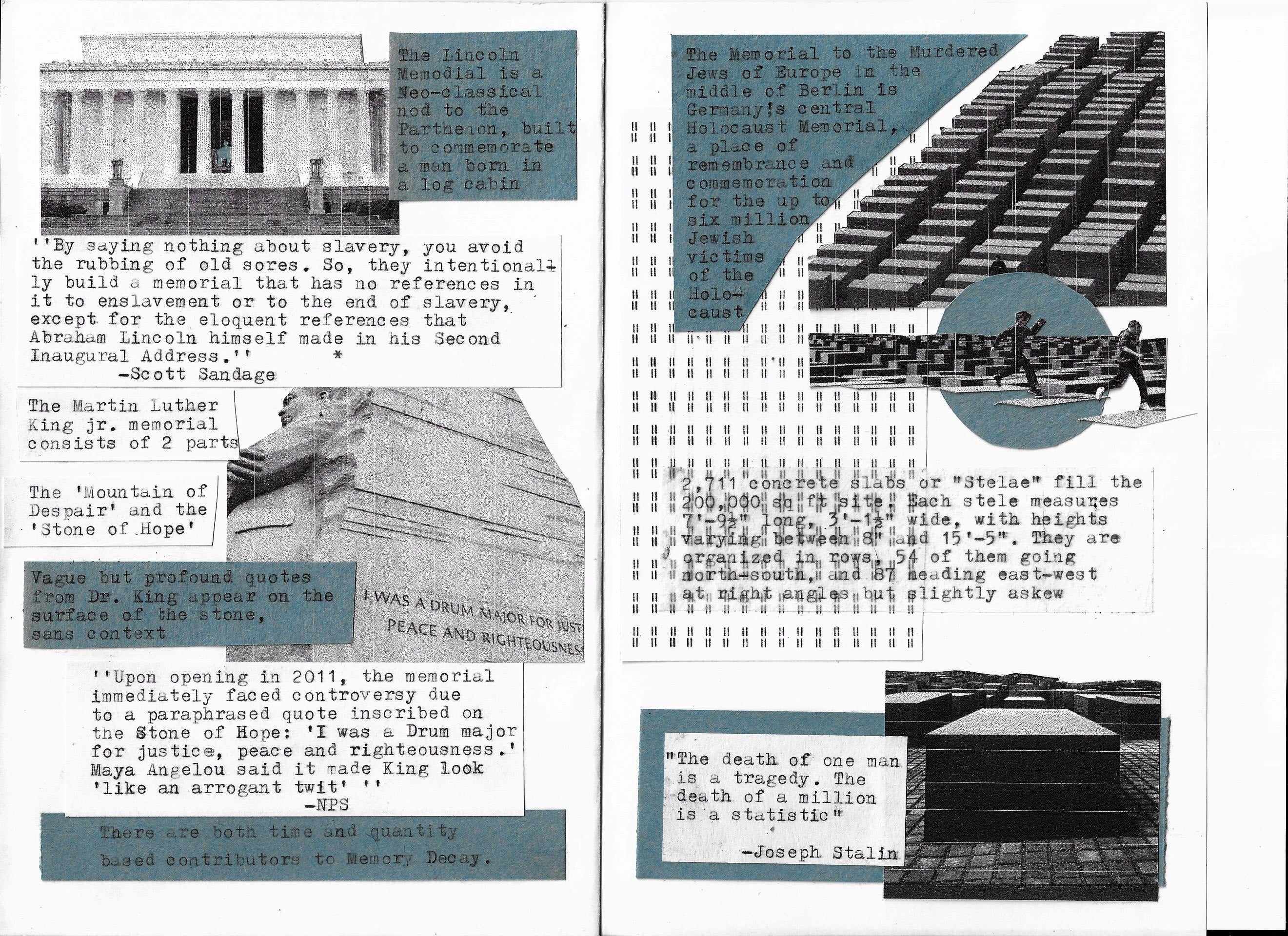 Spread #2 of "Memorials", a multimedia zine that collects and organizes research on memorials, their defining features, their uses, various rituals and traditions tied to their visual language, degree of abstraction, and reliance on figures, or symbols.
