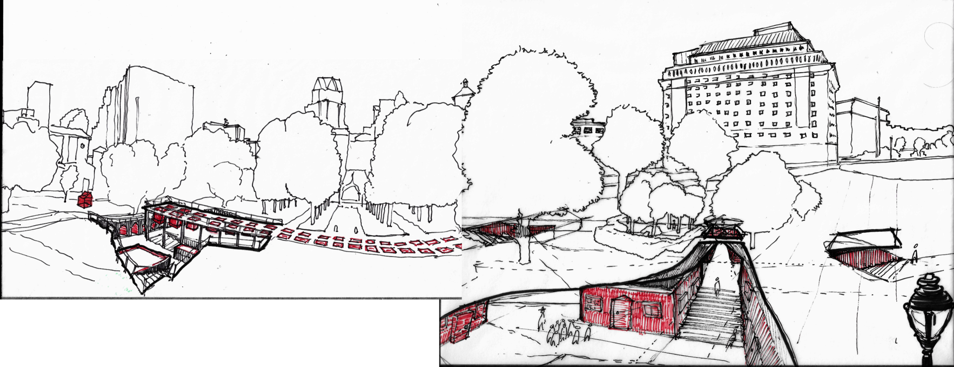 Tracing paper placed at various points along the sketched panorama allow for quick ideation of what the proposal may look like. This particular sketch speculates on what lies below the carefully manicured lawns of the Capitol. Art galleries stretch along old roads and emerge out of the ground