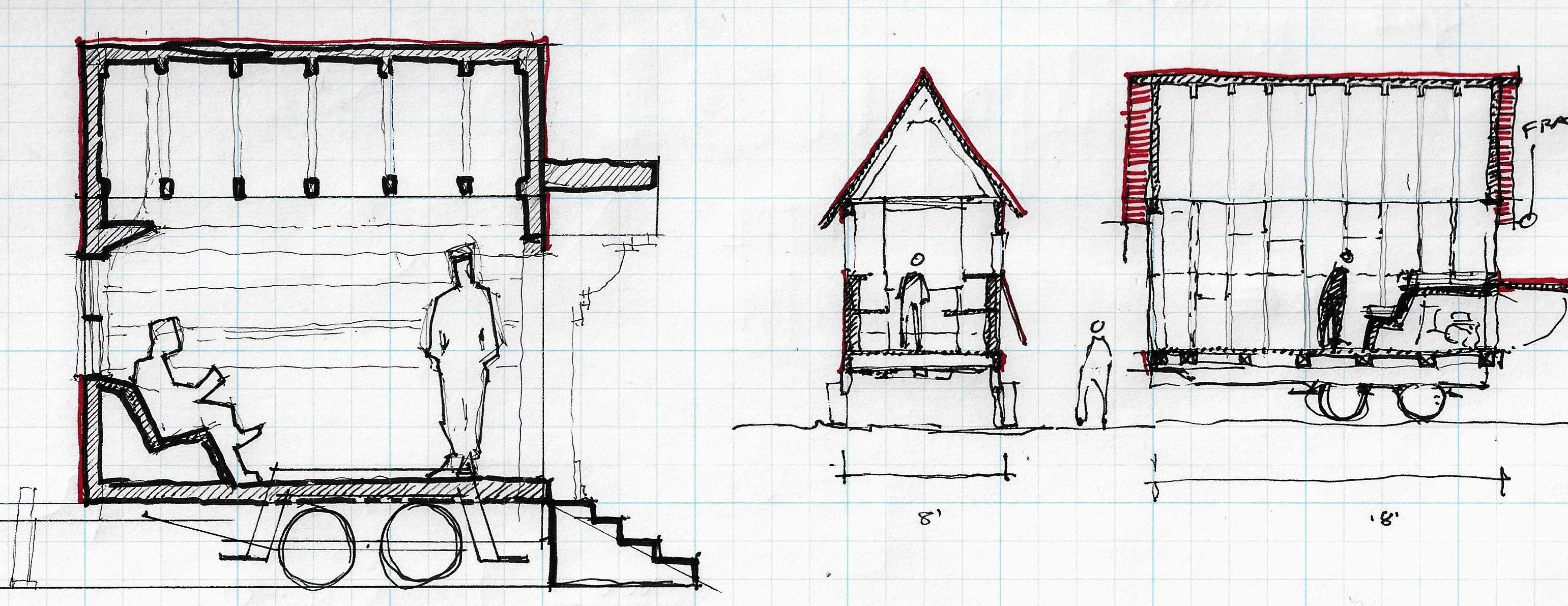 Sketch for early counter-monument design. Each neighborhood in Providence will in time be sent a structural frame upon which the inhabitants may work to place clapboard siding in whatever manner they sees fit.