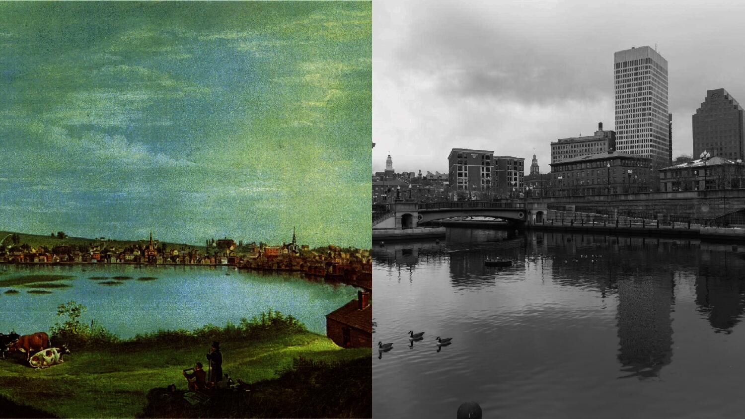 A side by side of a painting of a cove and a black and white photography of that cove with walls and bridges.