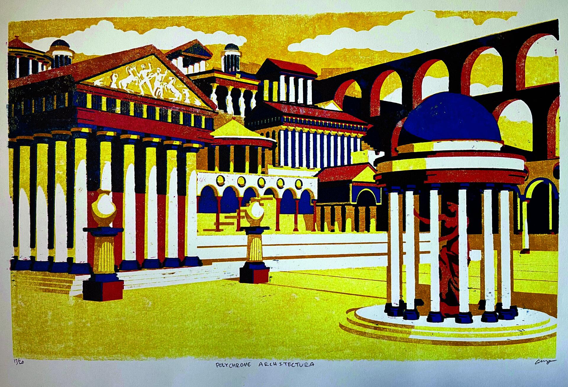 A hillside of classical Greek and Roman architecture made of stone painted bright yellow, red, and blue.