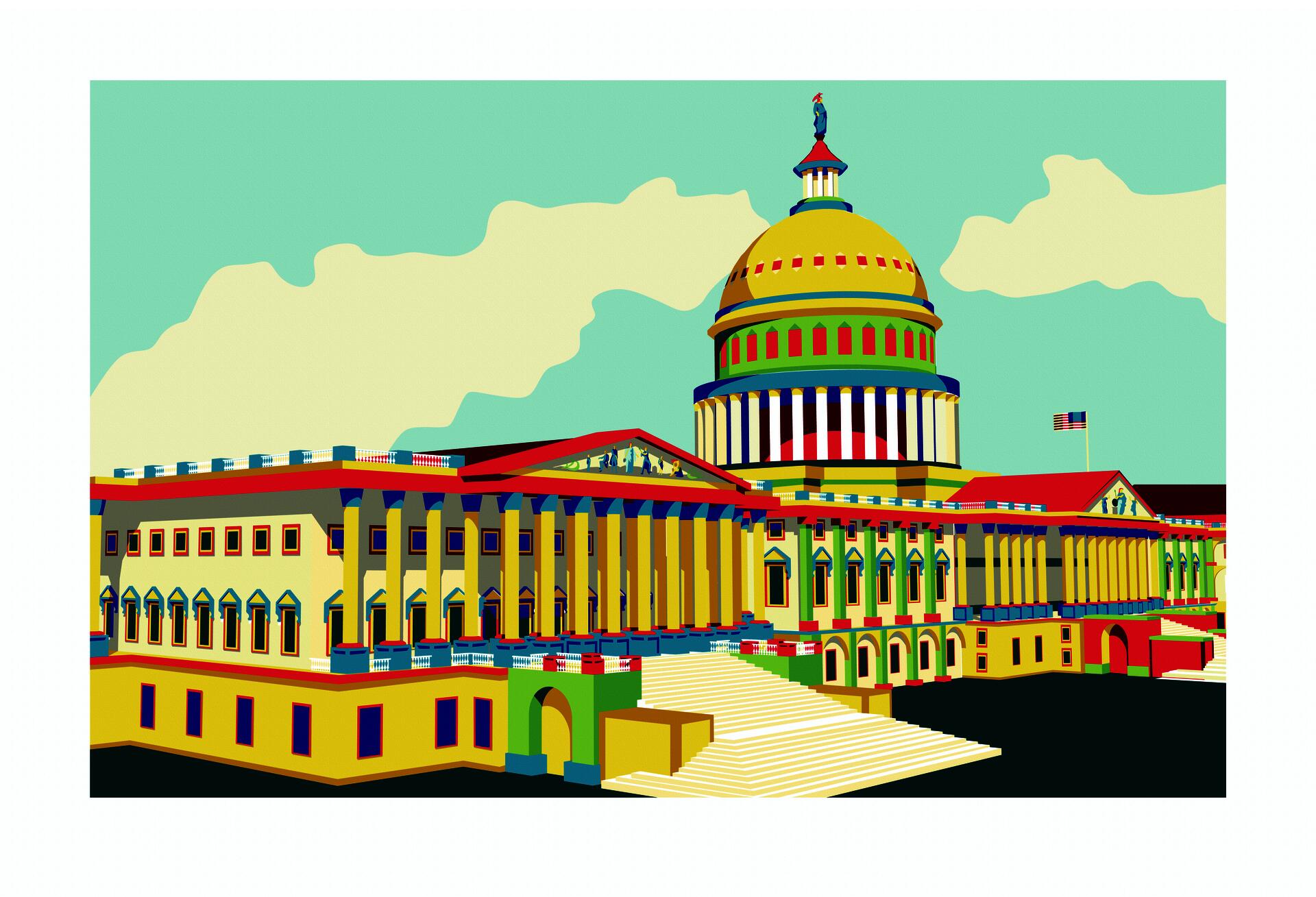 U.S. Capitol Building in a vibrant color scheme of yellow, red, blue, and green.