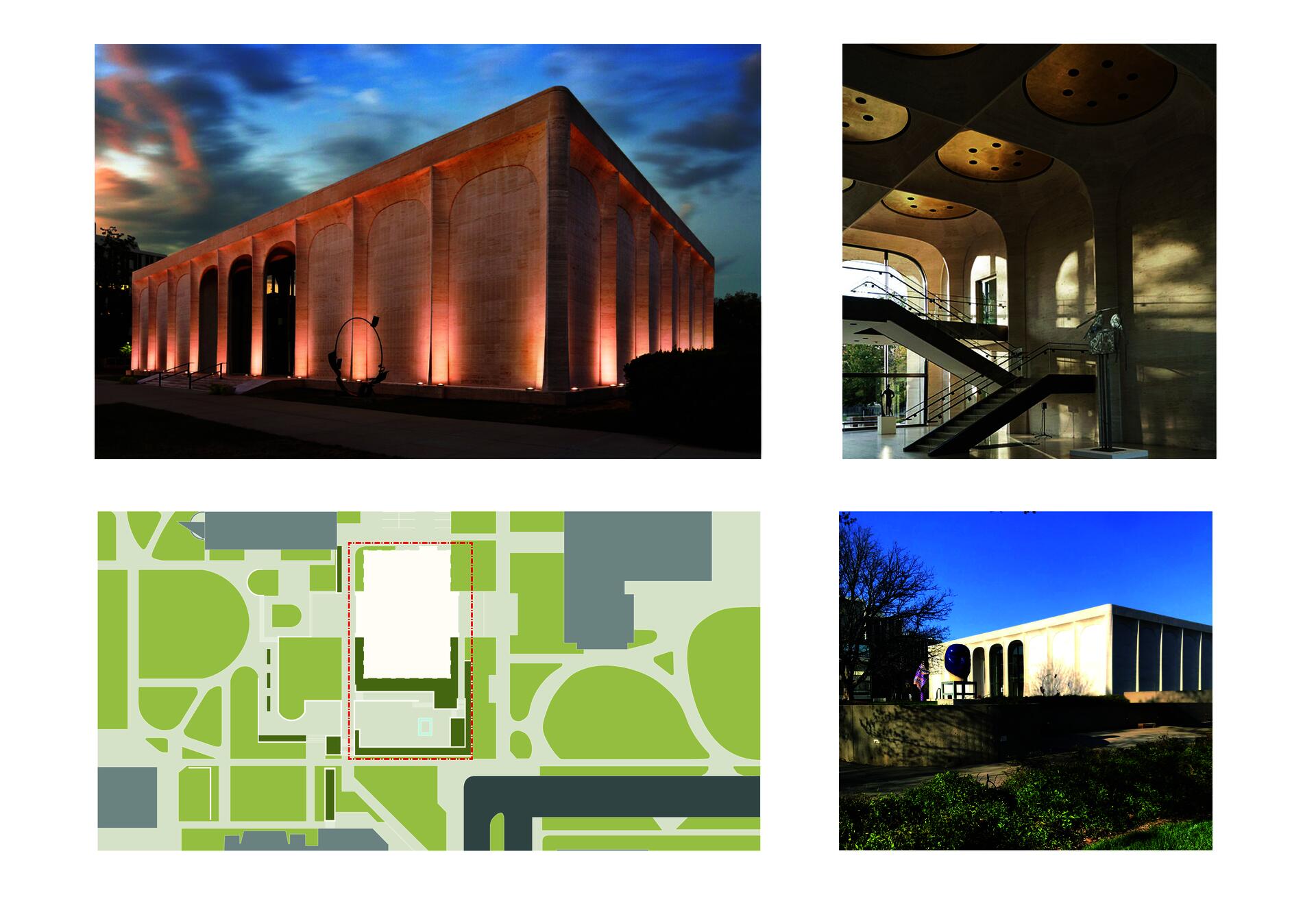 Three photos of the Sheldon art museum, an elegant and white smooth stone building with sleek columns, and a diagrammatic site plan.