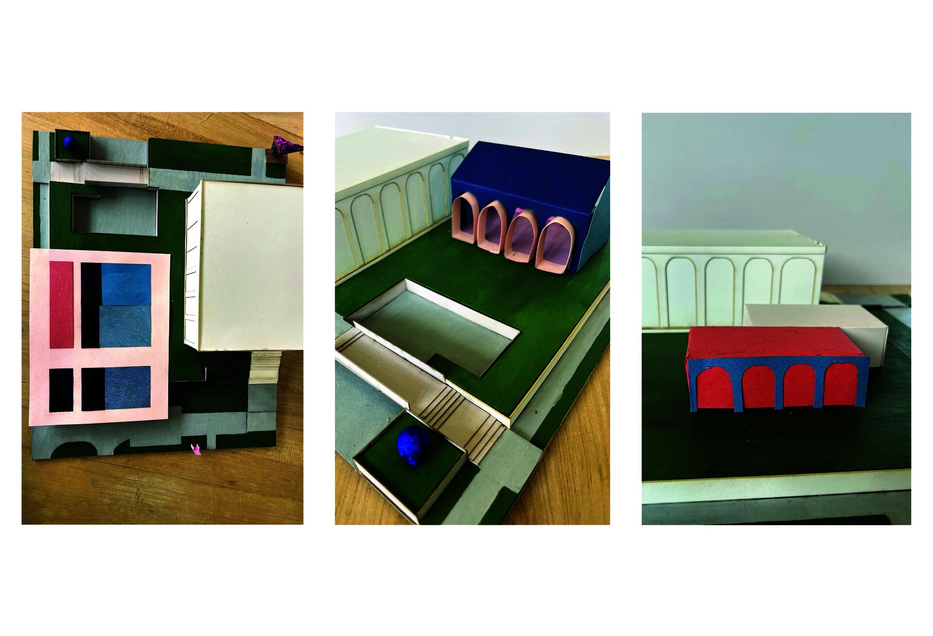 A model of the Sheldon Art Museum with colorful paper swatches and colorful sketch models of proposed addition.