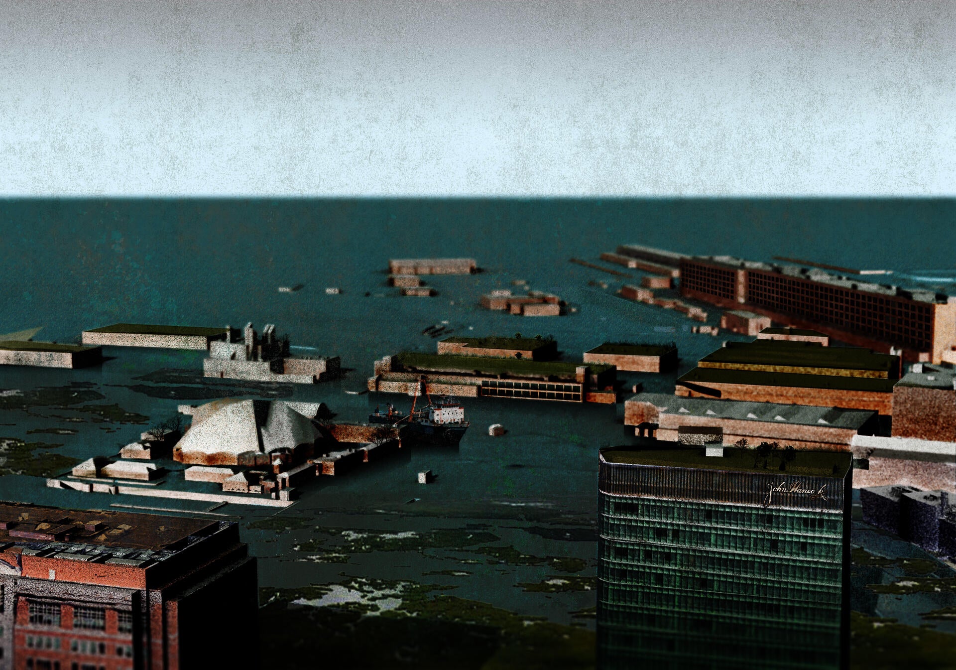Digital render of the Seaport District, East Side, Abandoned in the year 2100 Due to Climate Change. 