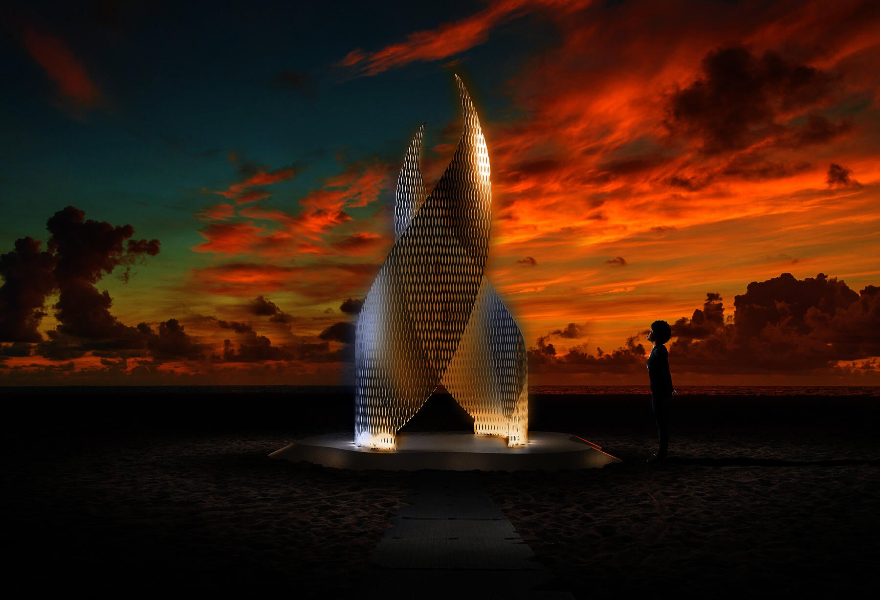 An artist rendering of a spiraling monumental public sculpture with a woman looking up at it for scale