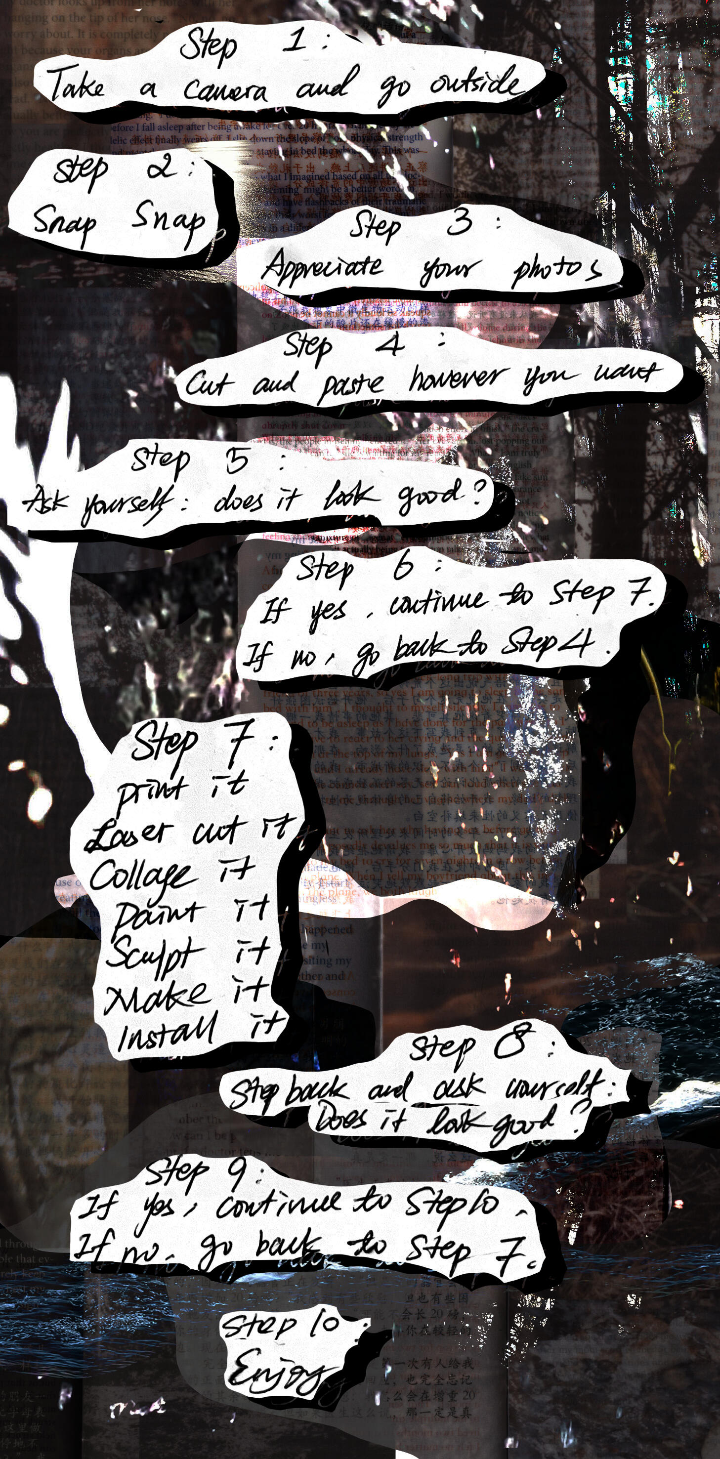 Step 10 creation manual: collaged with handwriting text, scan of narrative prose printed on vellum, and digital collage.
