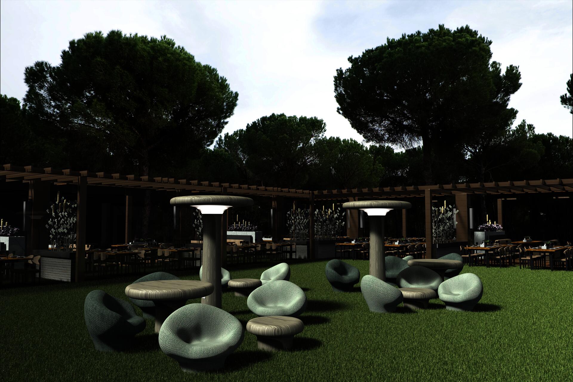 “New Nature”—Embrace nature with the human habitat by using the modern aesthetic, technology, and materials Different Height—Different height implies different functional use Room Atmosphere—The mushroom system relates in scale, proportion, and the rhythm of low and tall heights it creates in the space, which allows the system to be interesting by looking from different angles