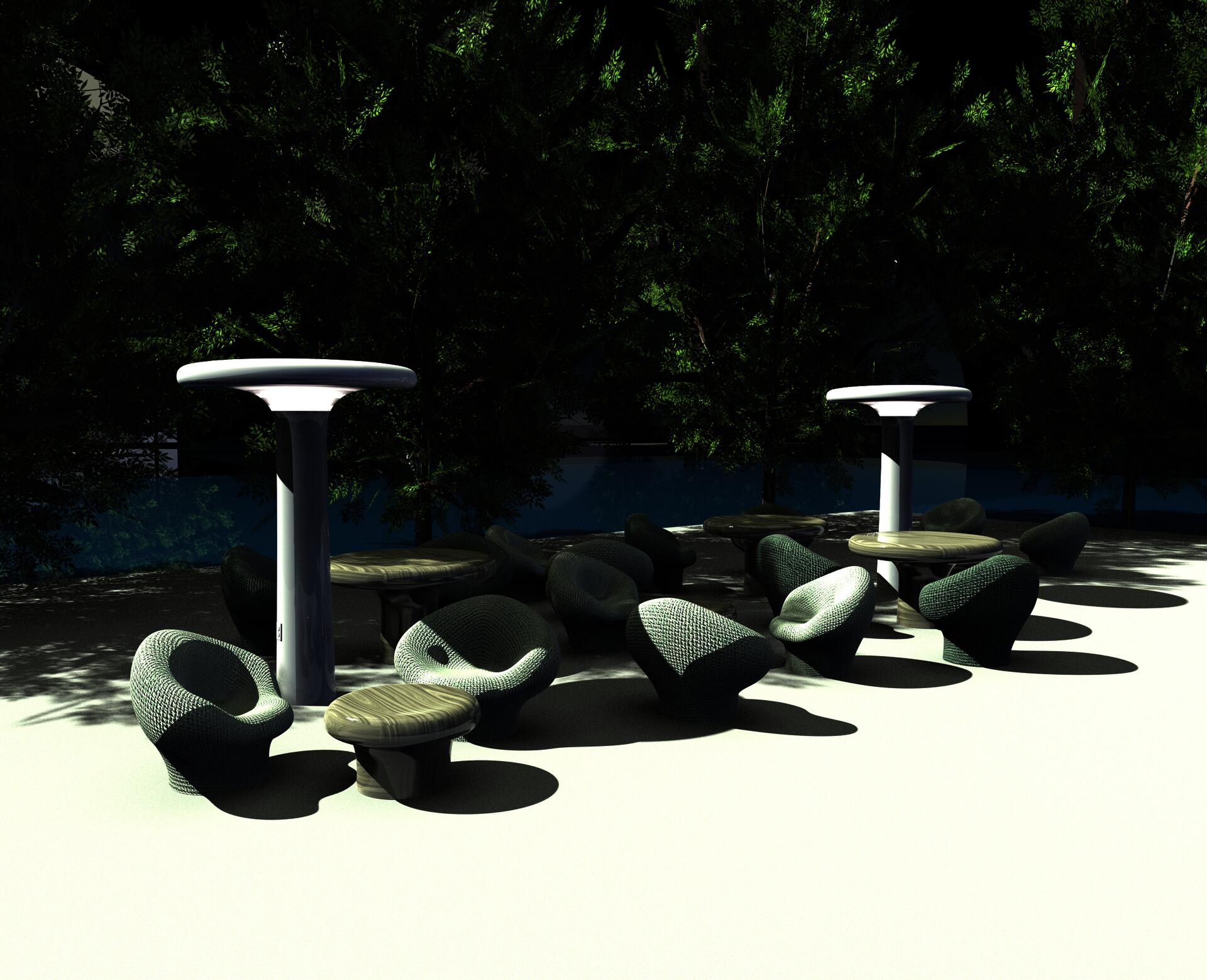“New Nature”—Embrace nature with the human habitat by using the modern aesthetic, technology, and materials Different Height—Different height implies different functional use Room Atmosphere—The mushroom system relates in scale, proportion, and the rhythm of low and tall heights it creates in the space, which allows the system to be interesting by looking from different angles