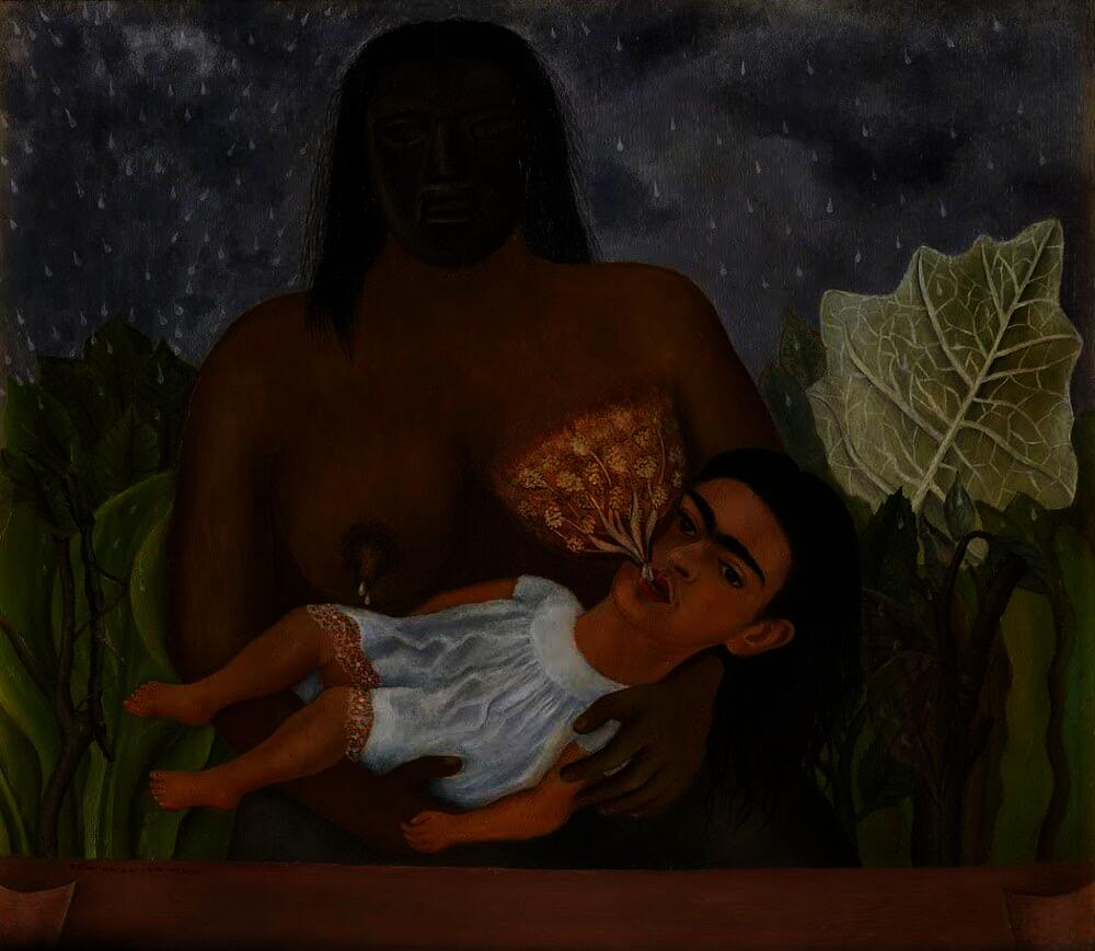 Painting of a masked woman breastfeeding an infant