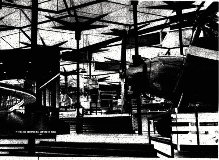 Interior of the Spanish pavilion at Expo 58 with columns resembling propellers of aircrafts.