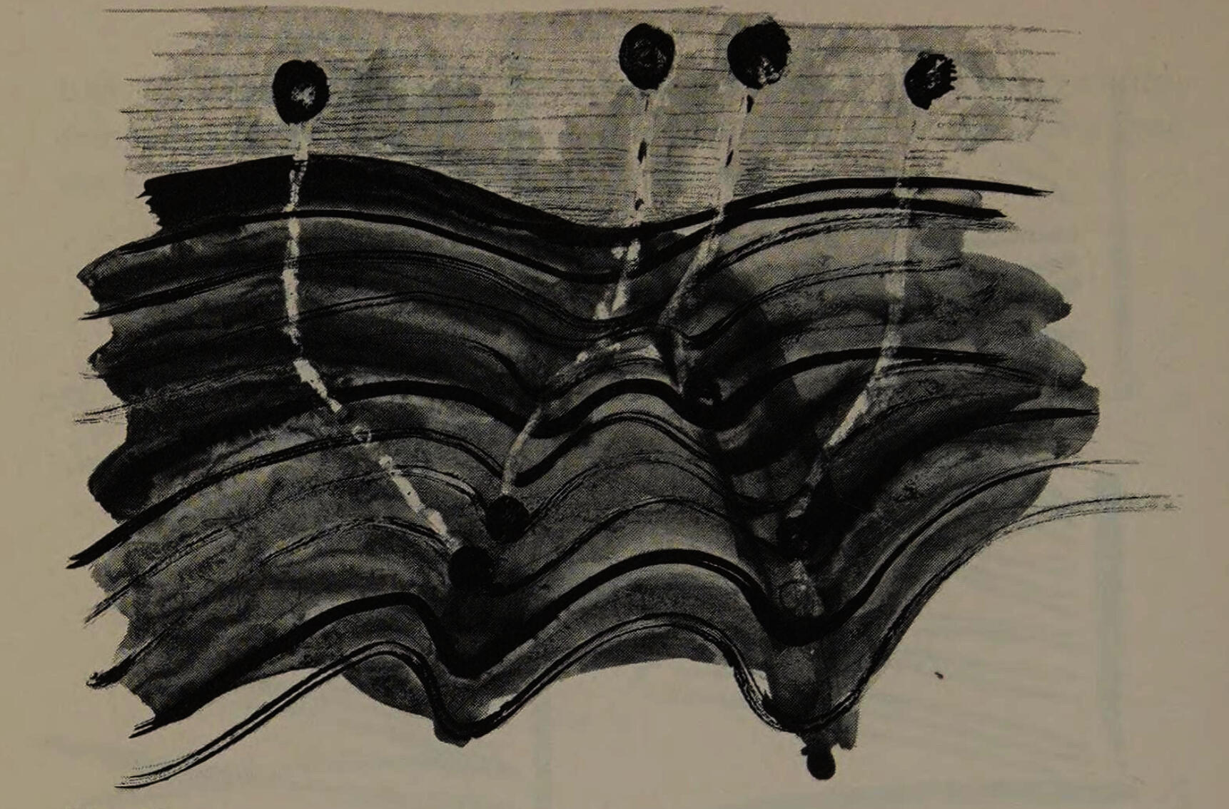 Ink drawing of projectiles emerging from hills.