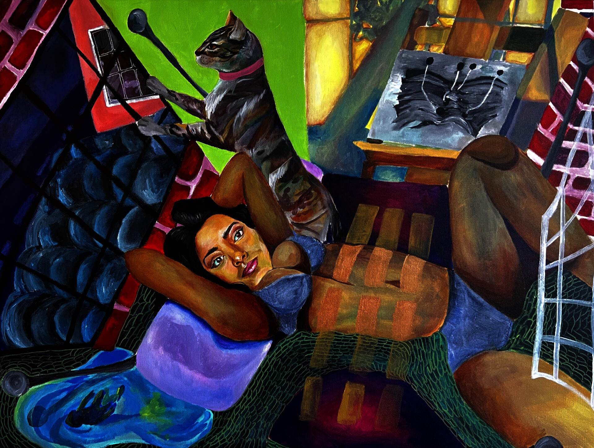 Acrylic painting of a woman and her cat on a bed, with ink drawing of projectiles emerging from hills in the background.