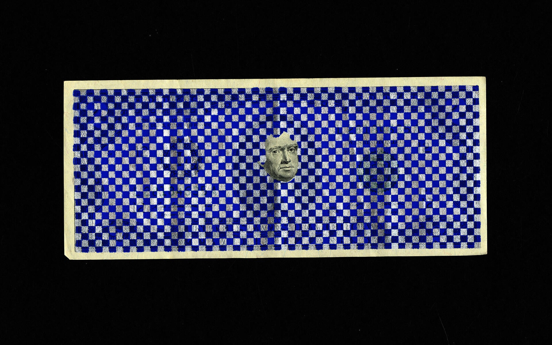 Two dollar bill, silver and blue checkered patterned has been printed everywhere except for Jefferson's head