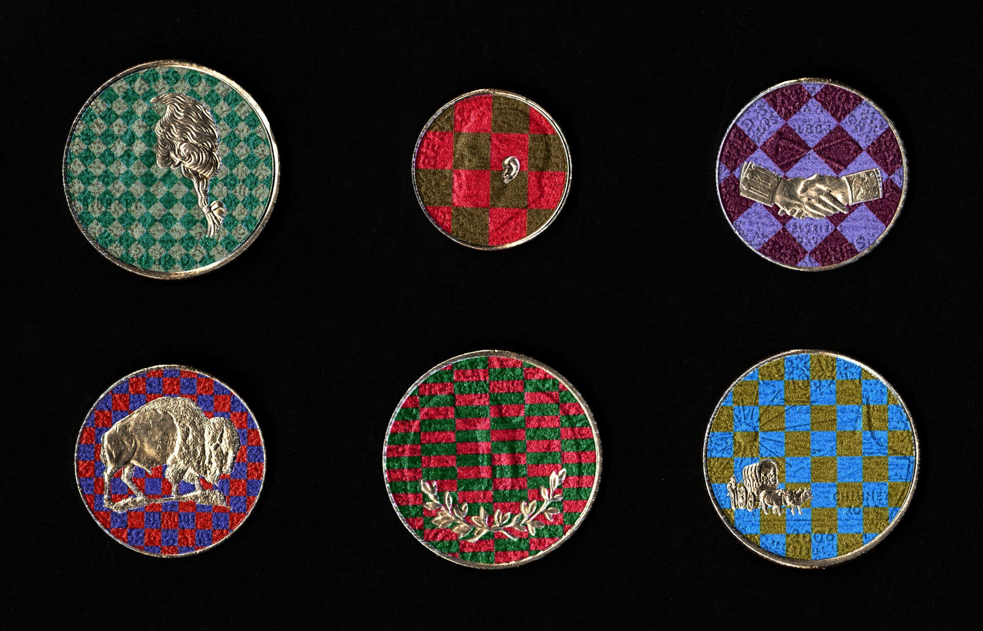 Coins that have checker patterns UV printed on them