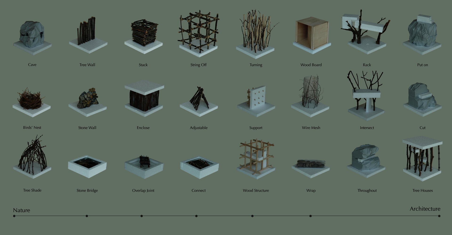 Conceptual models illustrate the transition between nature and architecture.