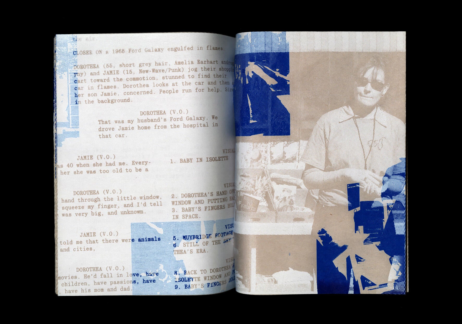Snapshots from the NYC Artbook Fair silkscreened in Klein blue and overprinted with white on newsprint.