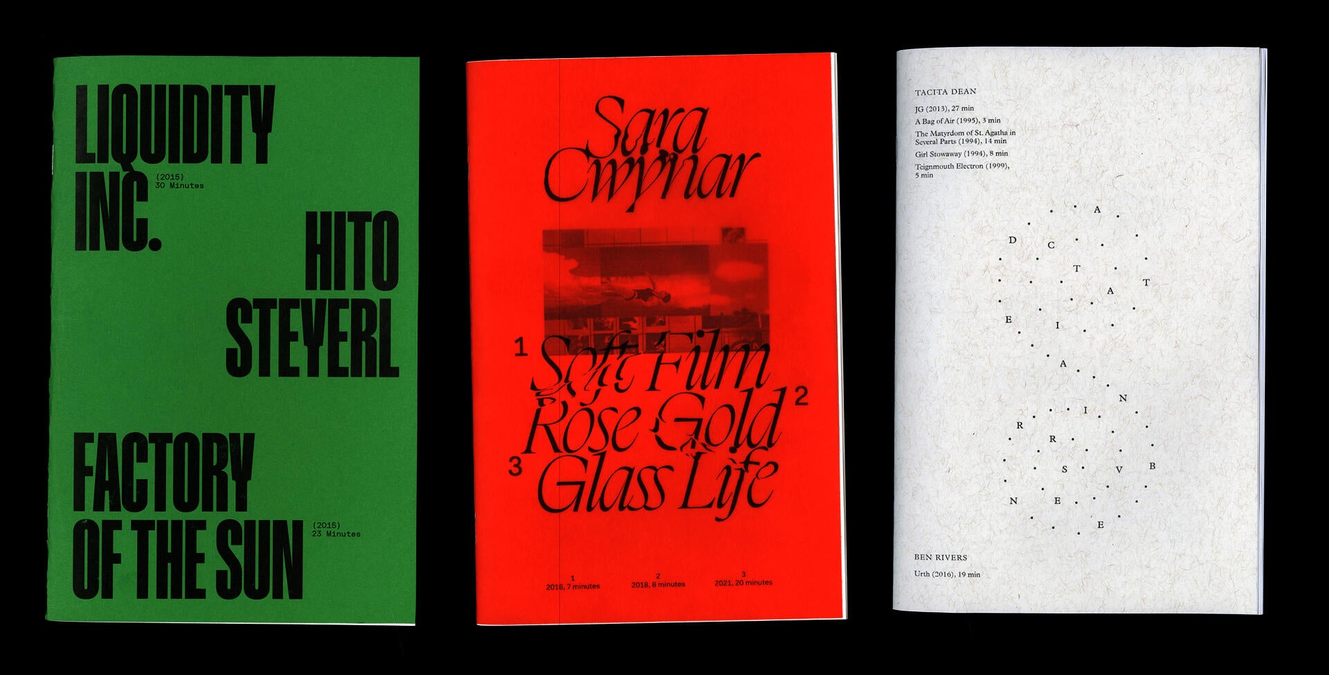 Three covers of half-letter-sized publications for three artists: Hito Steyerl, Sara Cwynar, and Tacita Dean