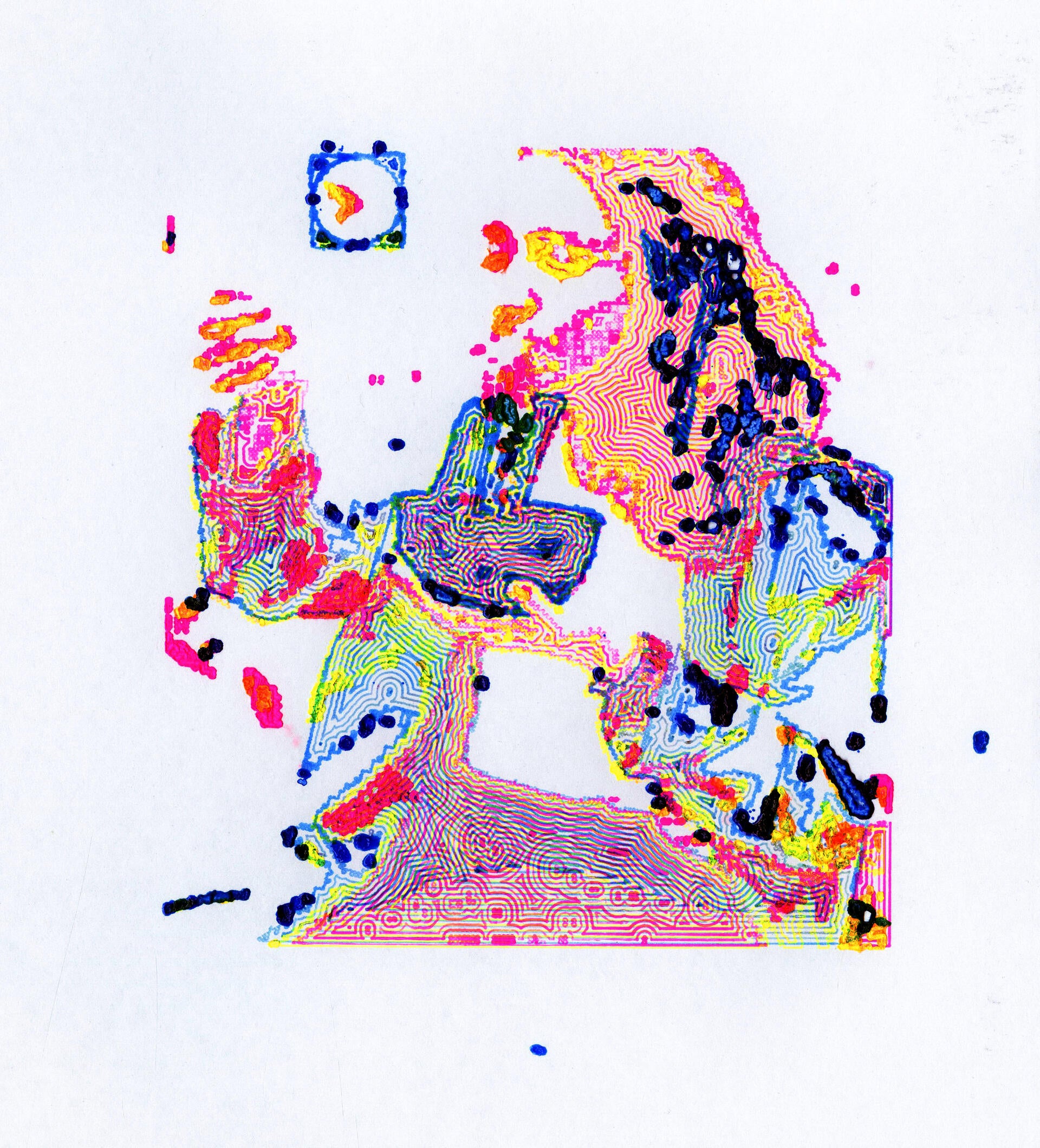 Pen plotted image in 3 colors of a long-haired person eating ramen with a fork.
