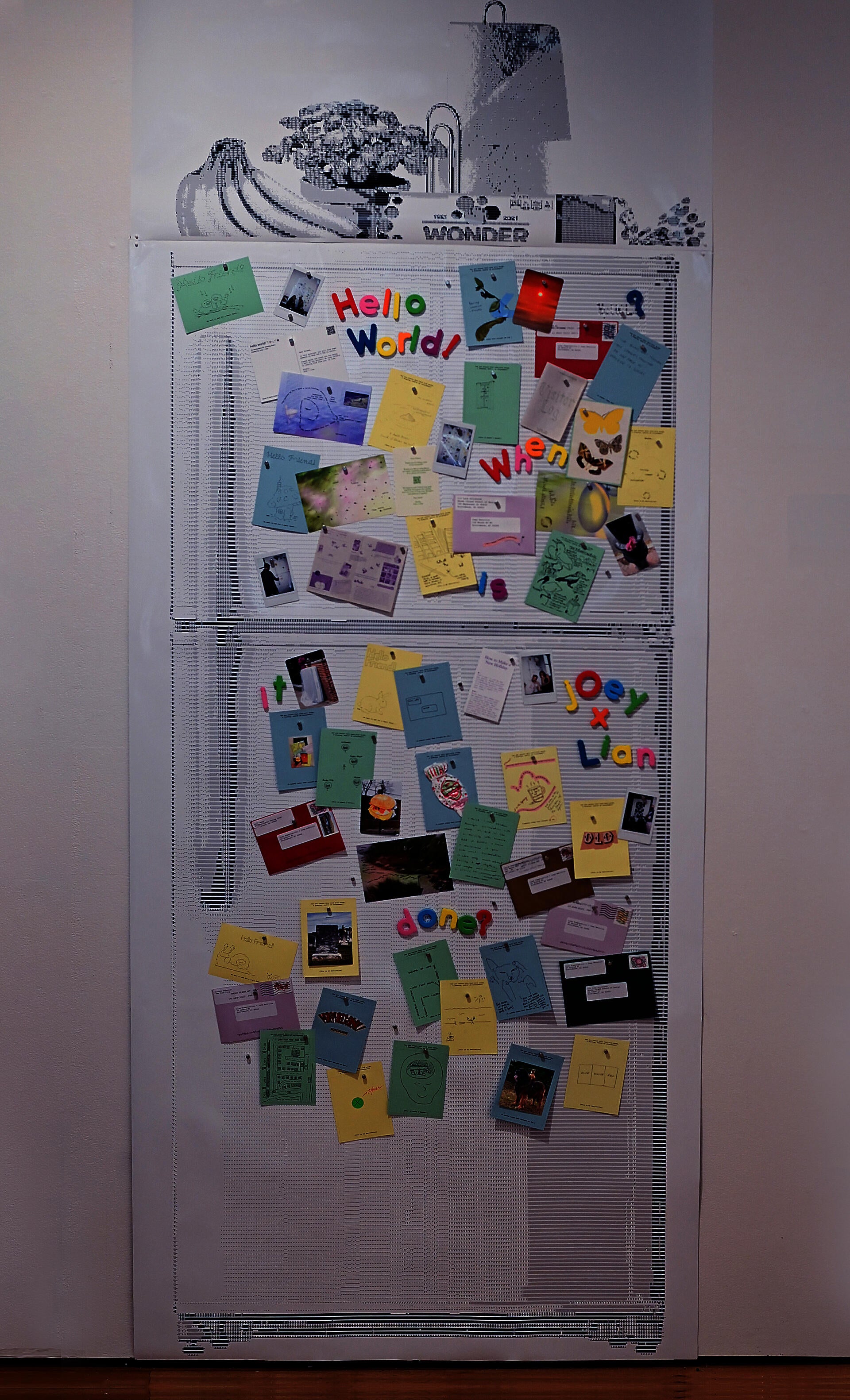 A print of a fridge made from ascii art covered in magnets and postcards with various doodles and notes