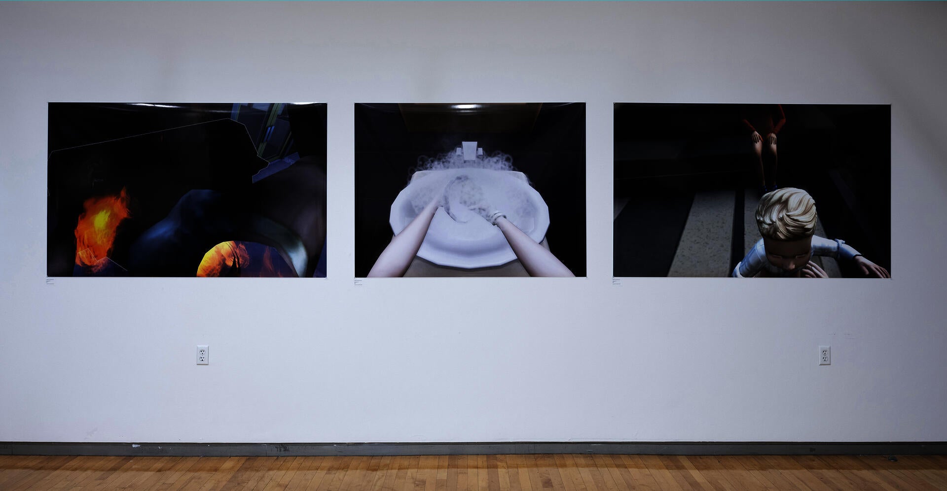 A series of large prints featuring life-sized digital avatars in a suburban environment from a first person perspective