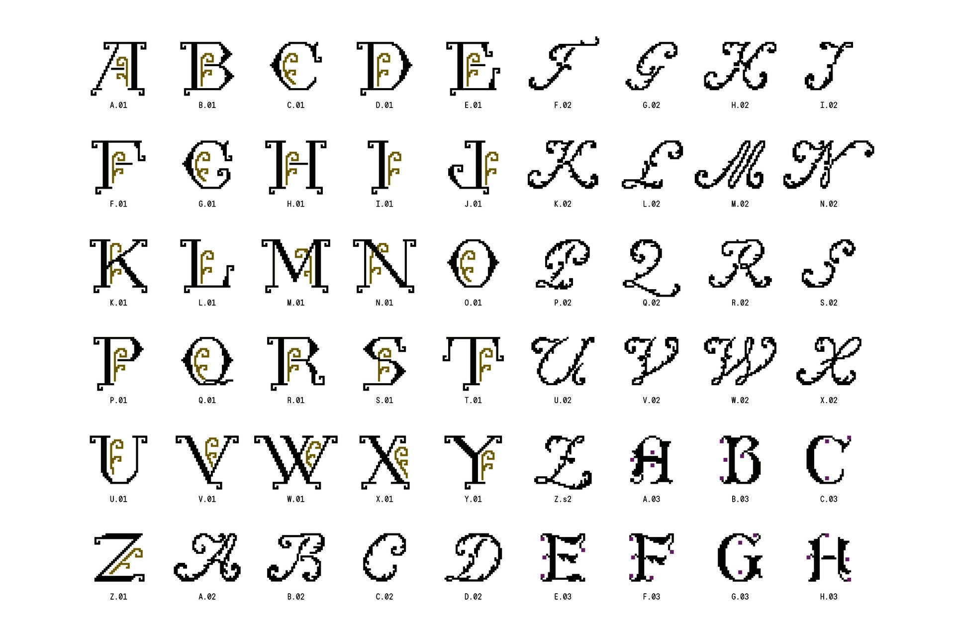 A grid of capital letters made from pixels in different styles.