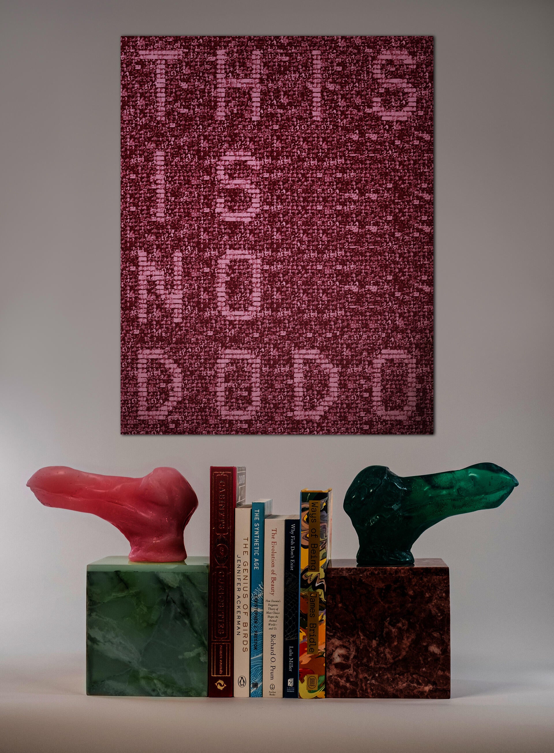 Bookends made from the mould of the only well-preserved head of the dodo; typographic poster generated from digitally generated archive of dodo heads.