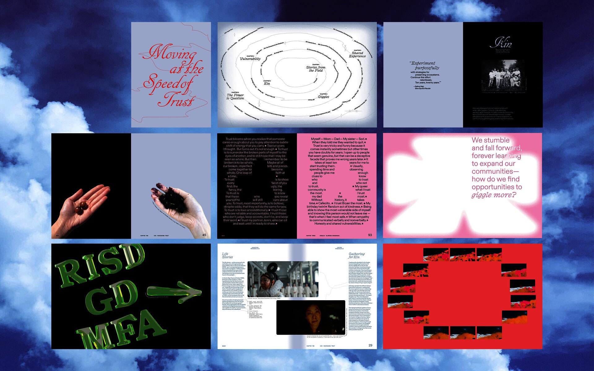 Selection of spreads from the thesis book Moving at the Speed of Trust, showcasing various layouts experimenting with the margin.