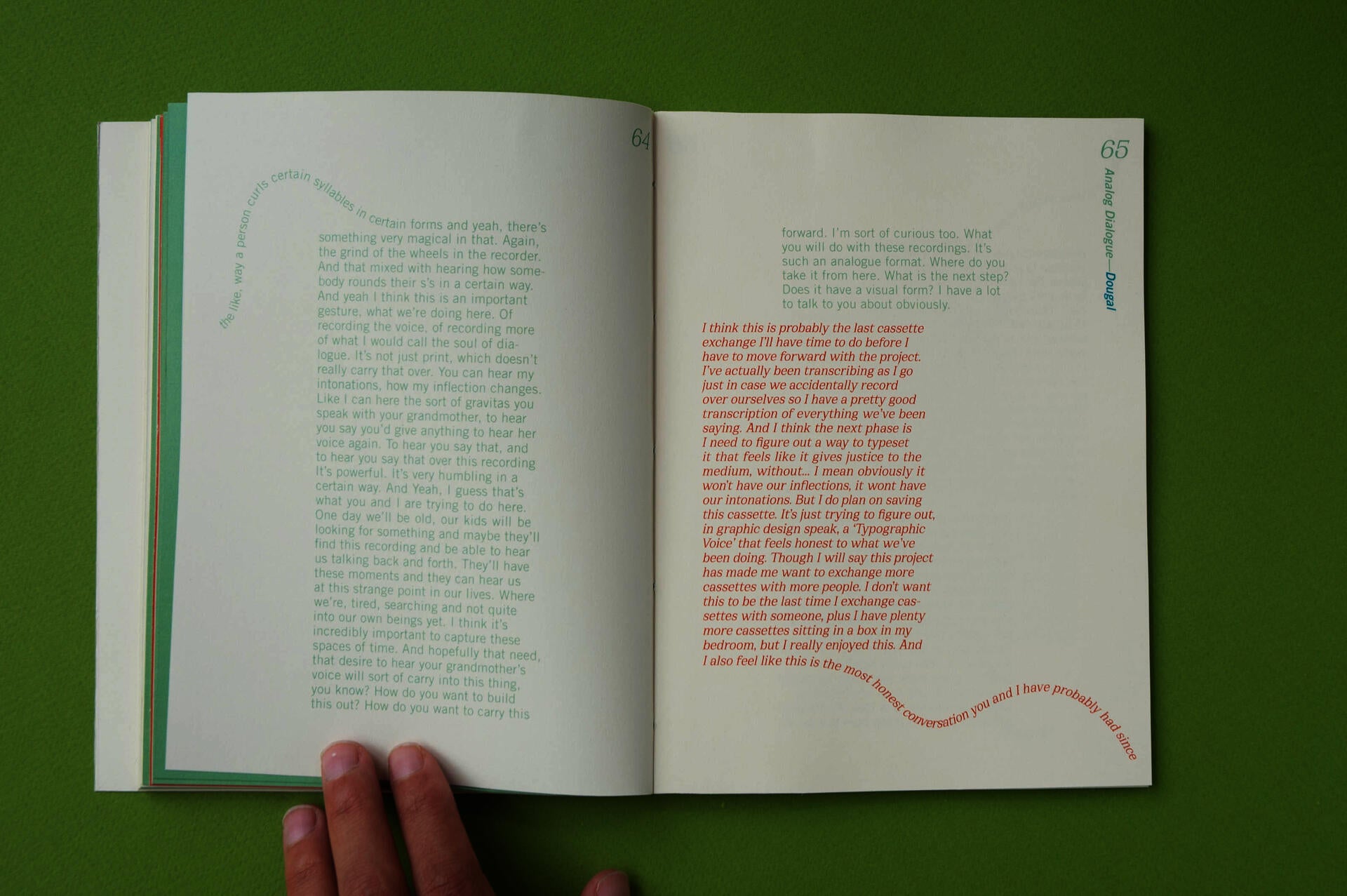 book spread of typeset interview