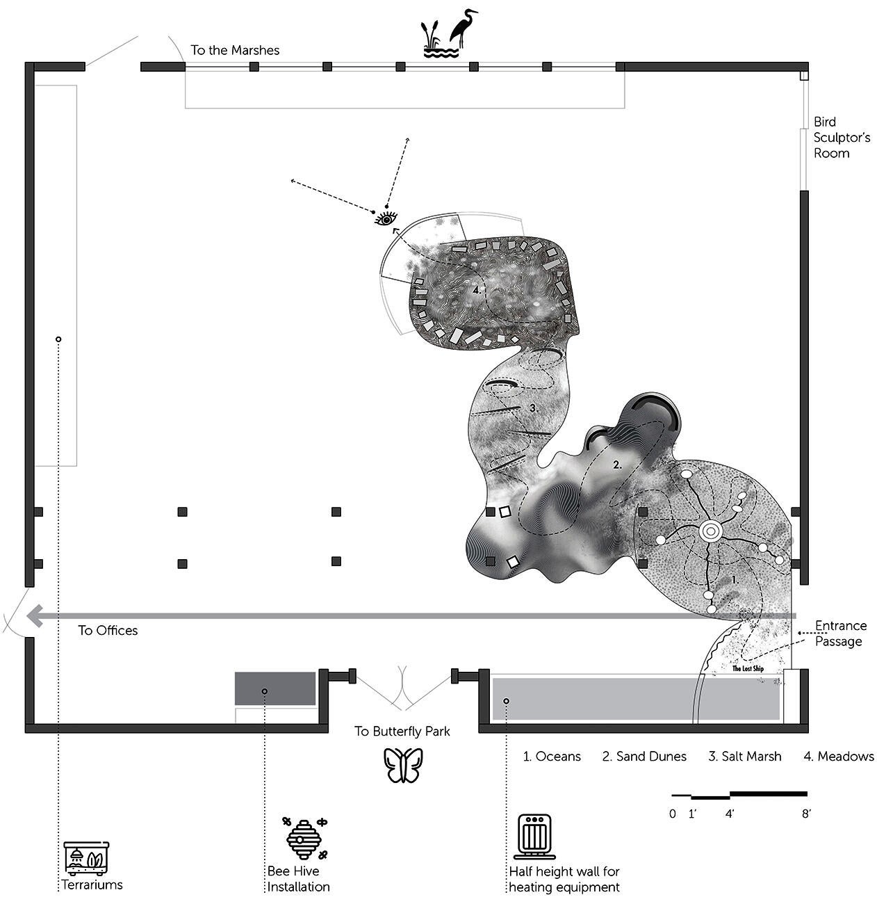 While the room is already displaying varoius set-ups, it was most appropriate to design the installation at the entrance, leading up to the marsh view.