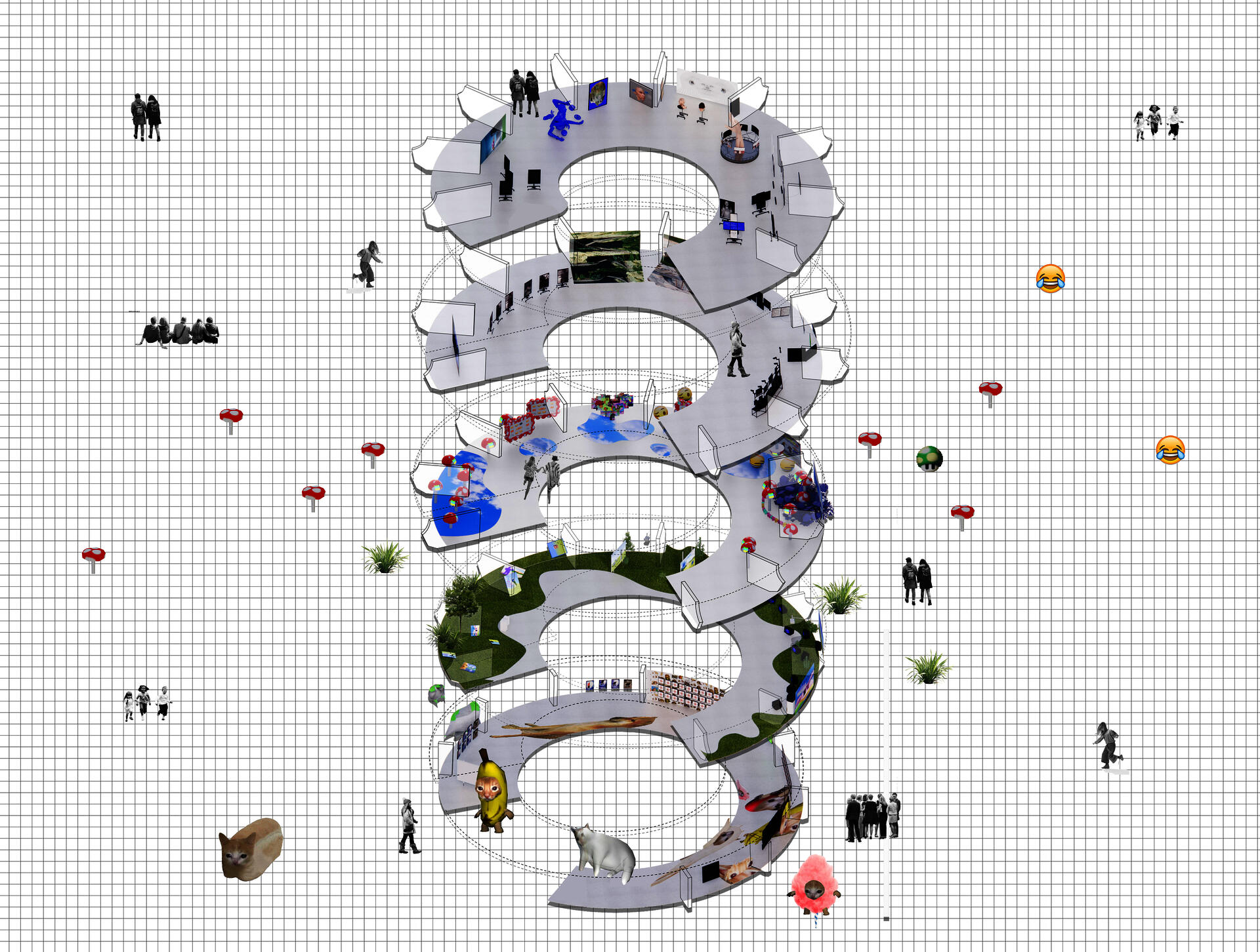Axon drawing showing different exhibtion sections in Guggenheim