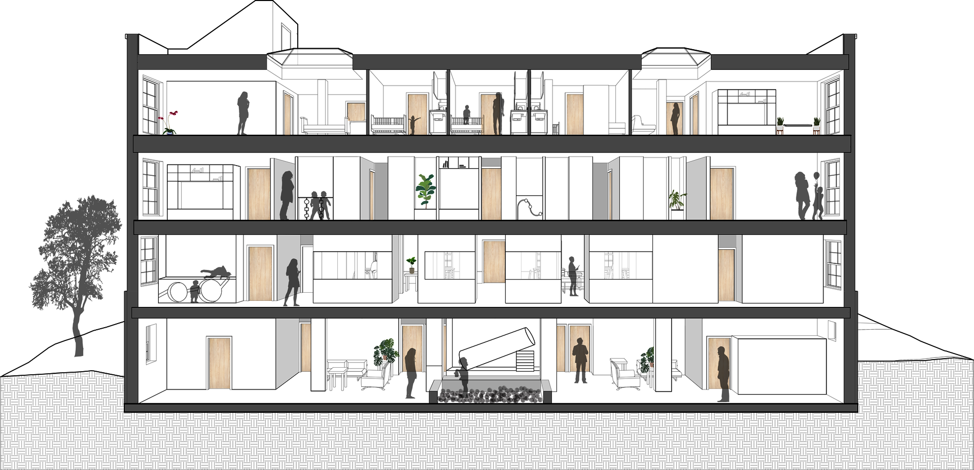 Highlighting the interactive qualities of inhabitable walls by exploring the sectional view