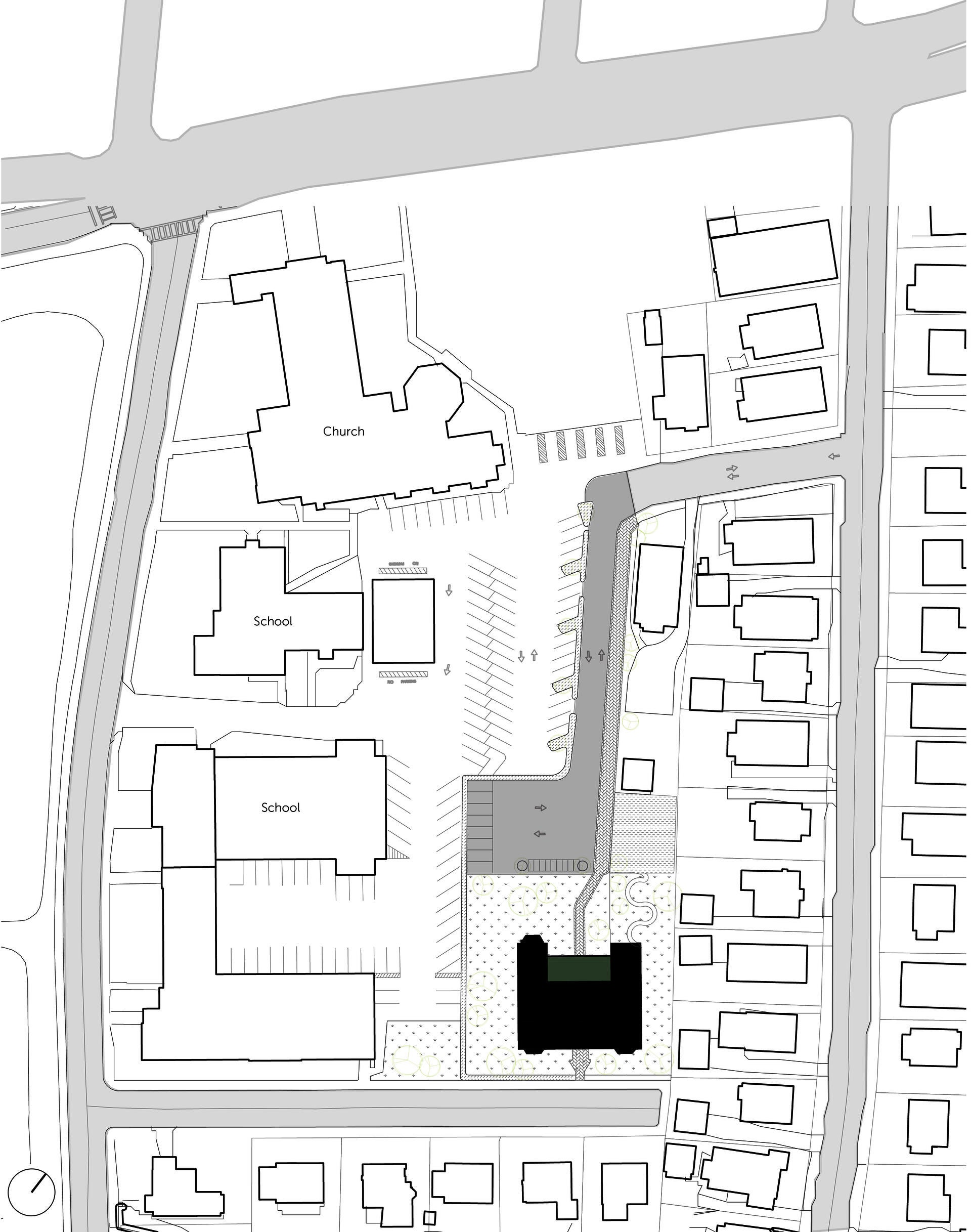 The Host structure is a decommissioned Convent building located within a complex of a Church and a School in a dignified neighborhood of single family residential homes. The vehicular and pedestrian access is redirected to the proposed front of the building. Vegetation is strategically placed as soft boundaries between other buildings in the complex.
