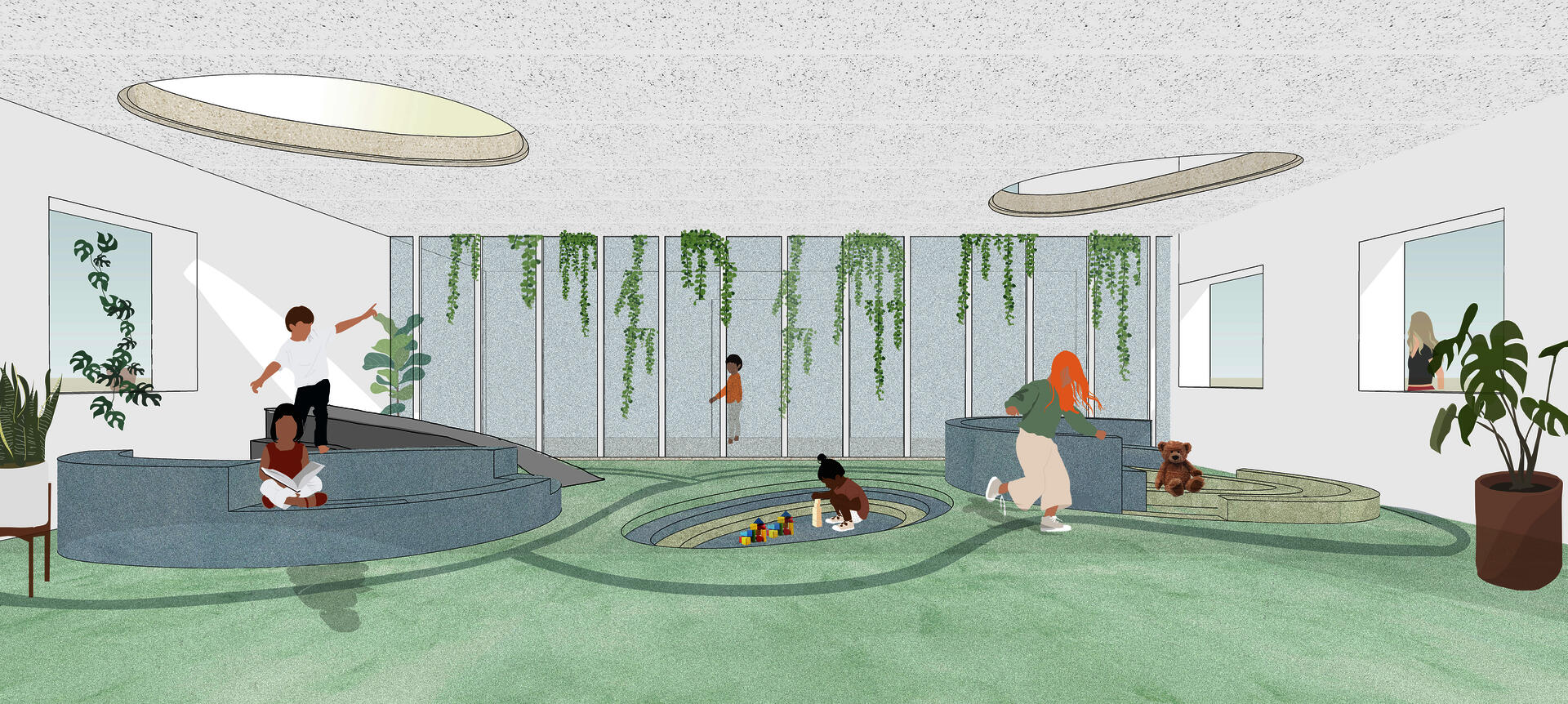 This intervention celebrates the first impression into the shelter through a playful layer of program. The softness of the material in the play area encompasses the feeling of lightness and reinforces the concept of a “safe ground”.