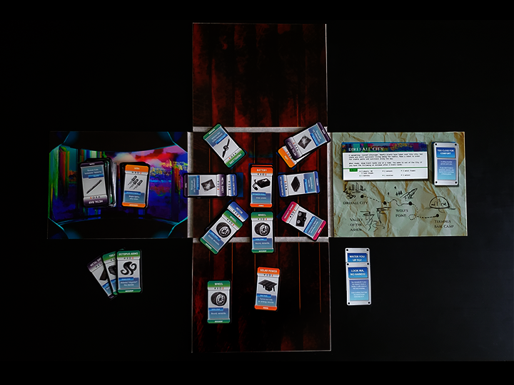 Overhead view of the Mechanaire board game, which is shaped like a plus sign and showcasing the cards in the middle of a play.
