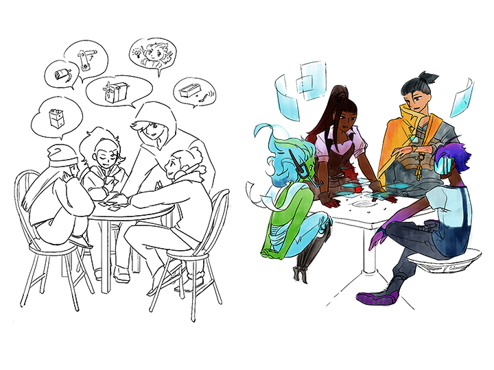 Side by side view of 2 illustrations, left side a black and white inked illustration of 4 children in cartoon form playing a card game around a table, and the right side a colored version of the 4 fantasy characters playing a holographic card game around a table.
