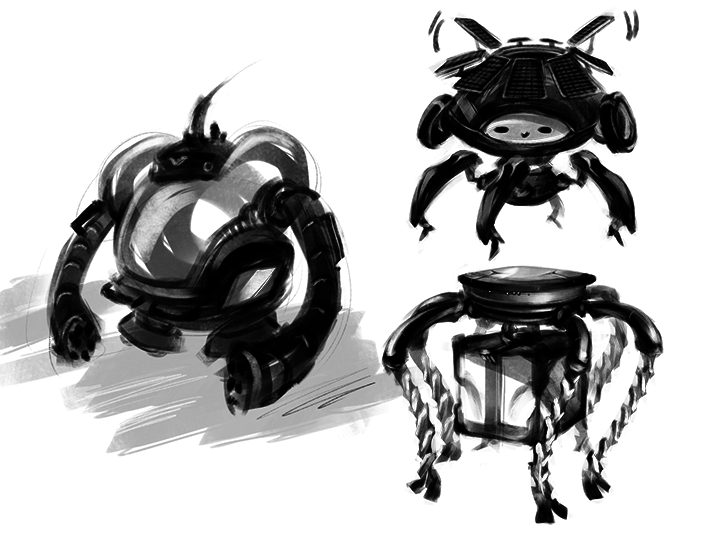 Illustration of 3 robots in black and white.